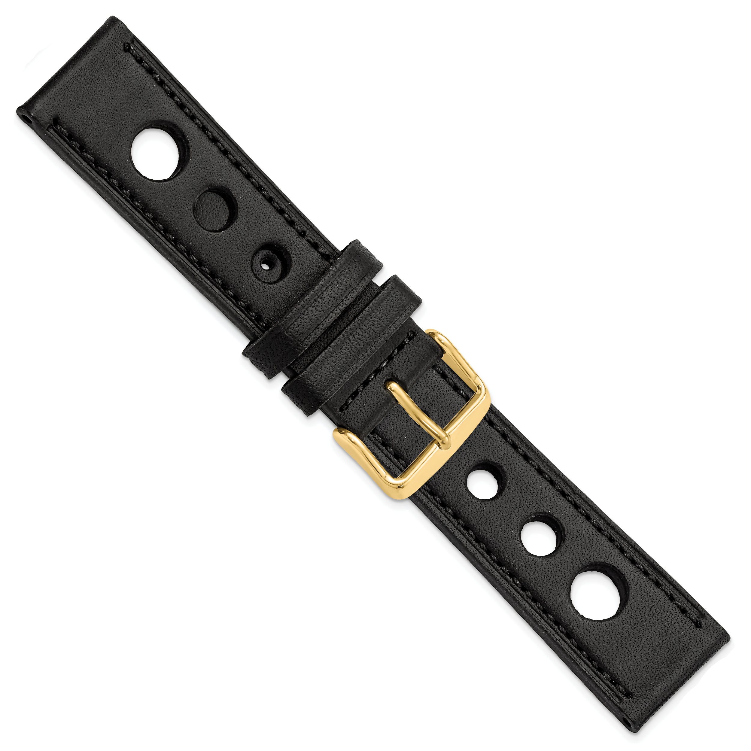 22mm Black Grand Prix Leather with Black Stitching and Gold-tone Buckle 7.5 inch Watch Band