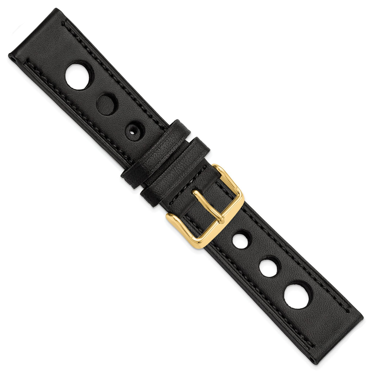 DeBeer 22mm Black Grand Prix Leather with Black Stitching and Gold-tone Buckle 7.5 inch Watch Band