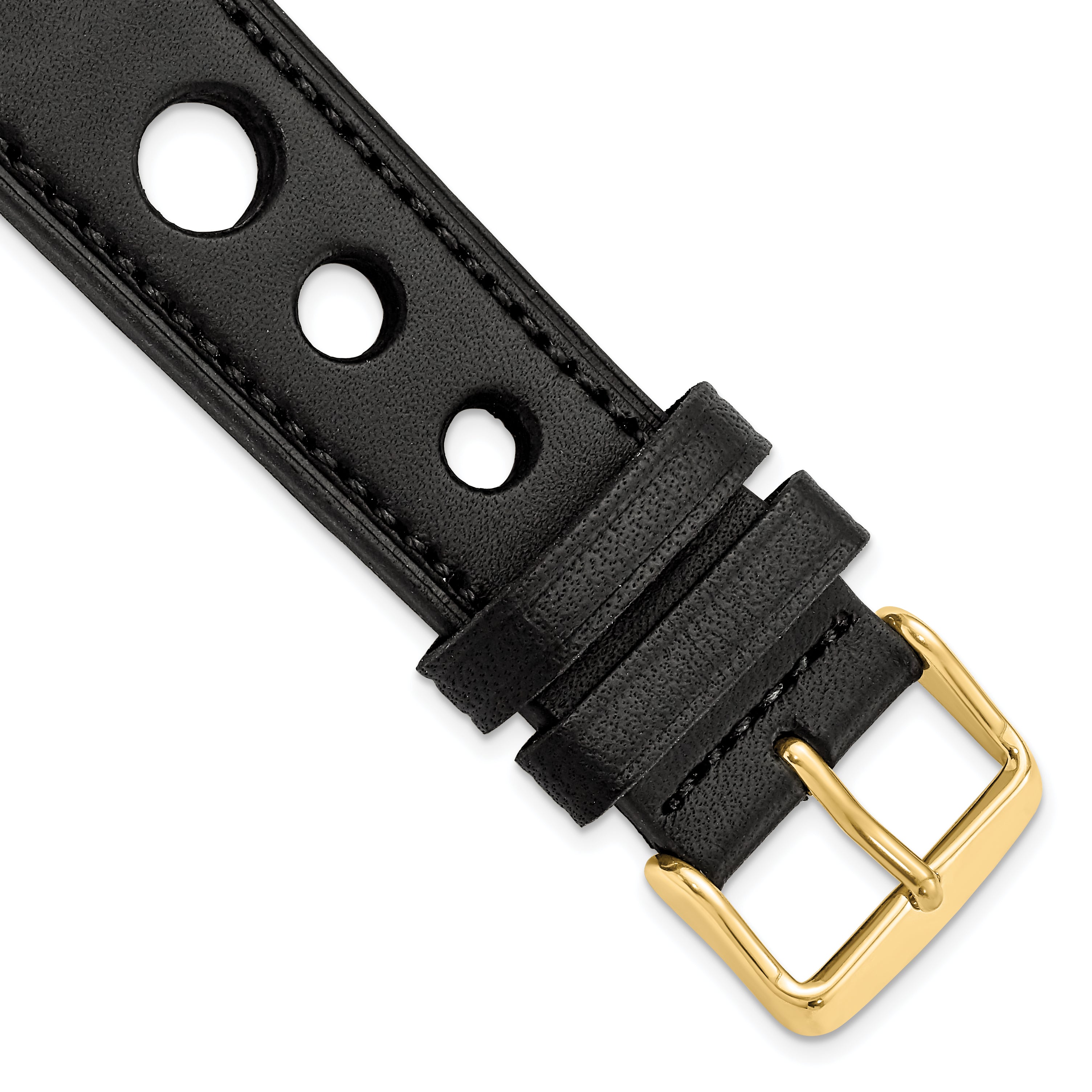 22mm Black Grand Prix Leather with Black Stitching and Gold-tone Buckle 7.5 inch Watch Band