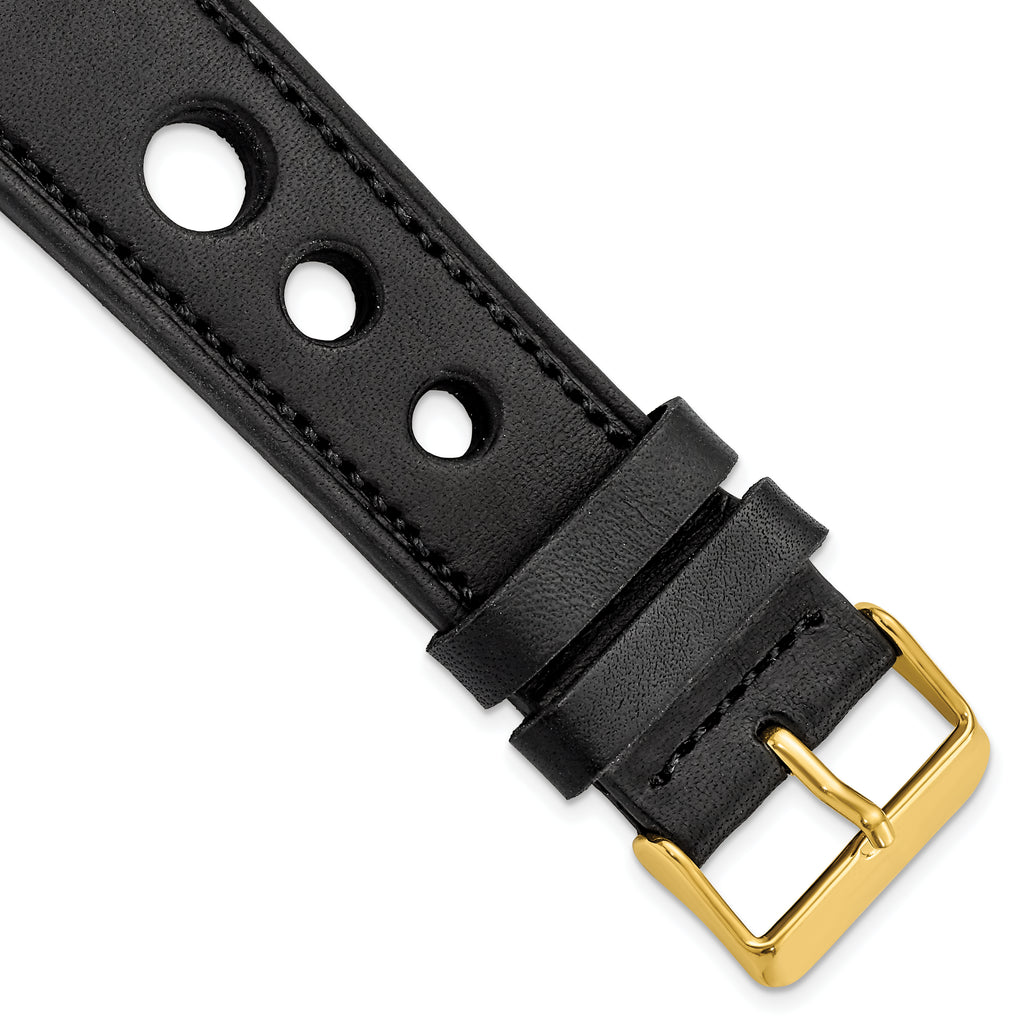 Grand Prix Leather Watch Band in Black with Gold-Tone Buckle, 20mm