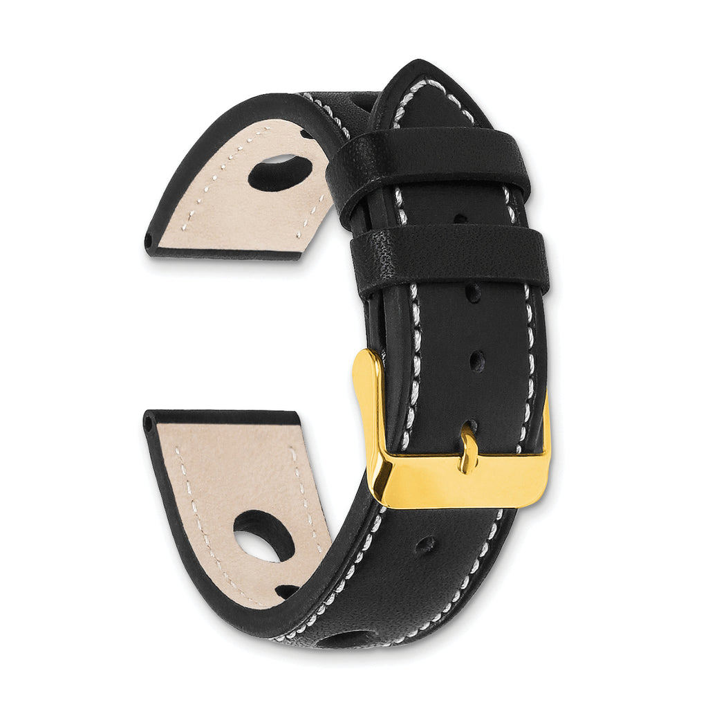 18mm Black Grand Prix Leather with White Stitching and Gold-tone Buckle 7.5 inch Watch Band