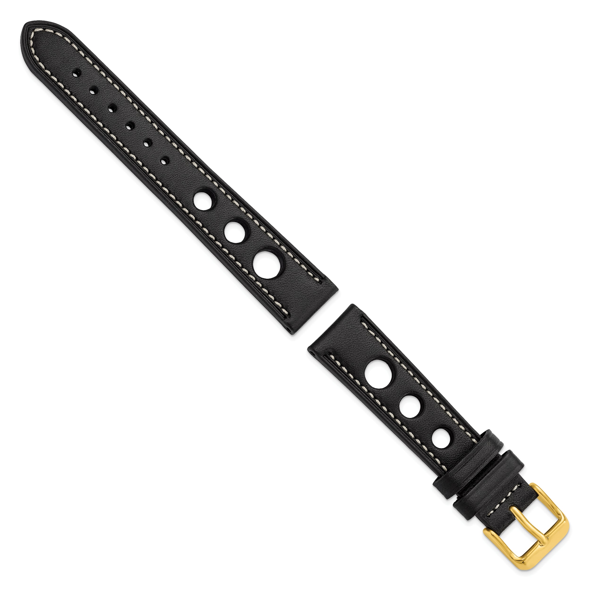 18mm Black Grand Prix Leather with White Stitching and Gold-tone Buckle 7.5 inch Watch Band
