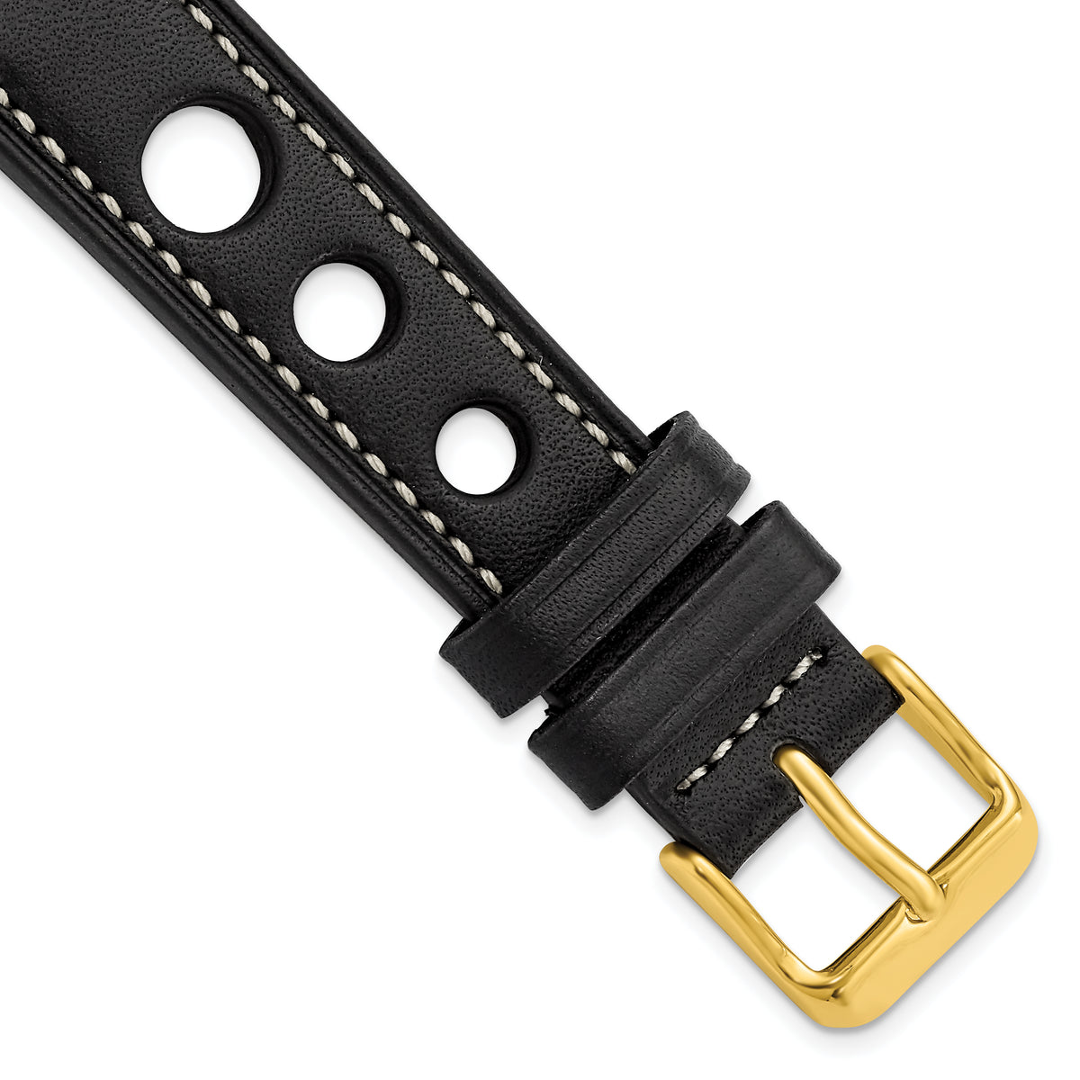 18mm Black Grand Prix Leather with White Stitching and Gold-tone Buckle 7.5 inch Watch Band