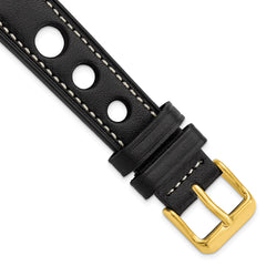18mm Black Grand Prix Leather with White Stitching and Gold-tone Buckle 7.5 inch Watch Band