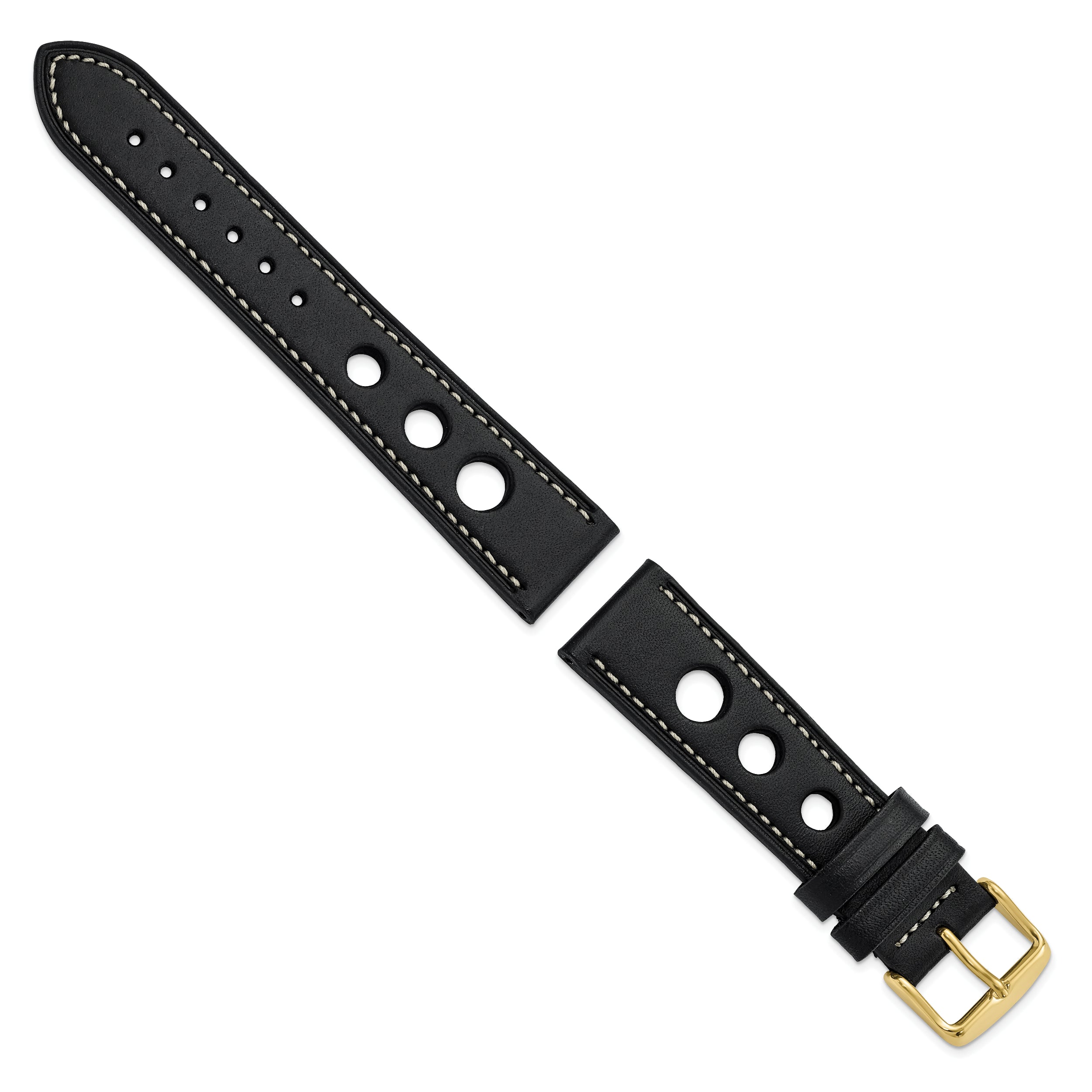 20mm Black Grand Prix Leather with White Stitching and Gold-tone Buckle 7.5 inch Watch Band