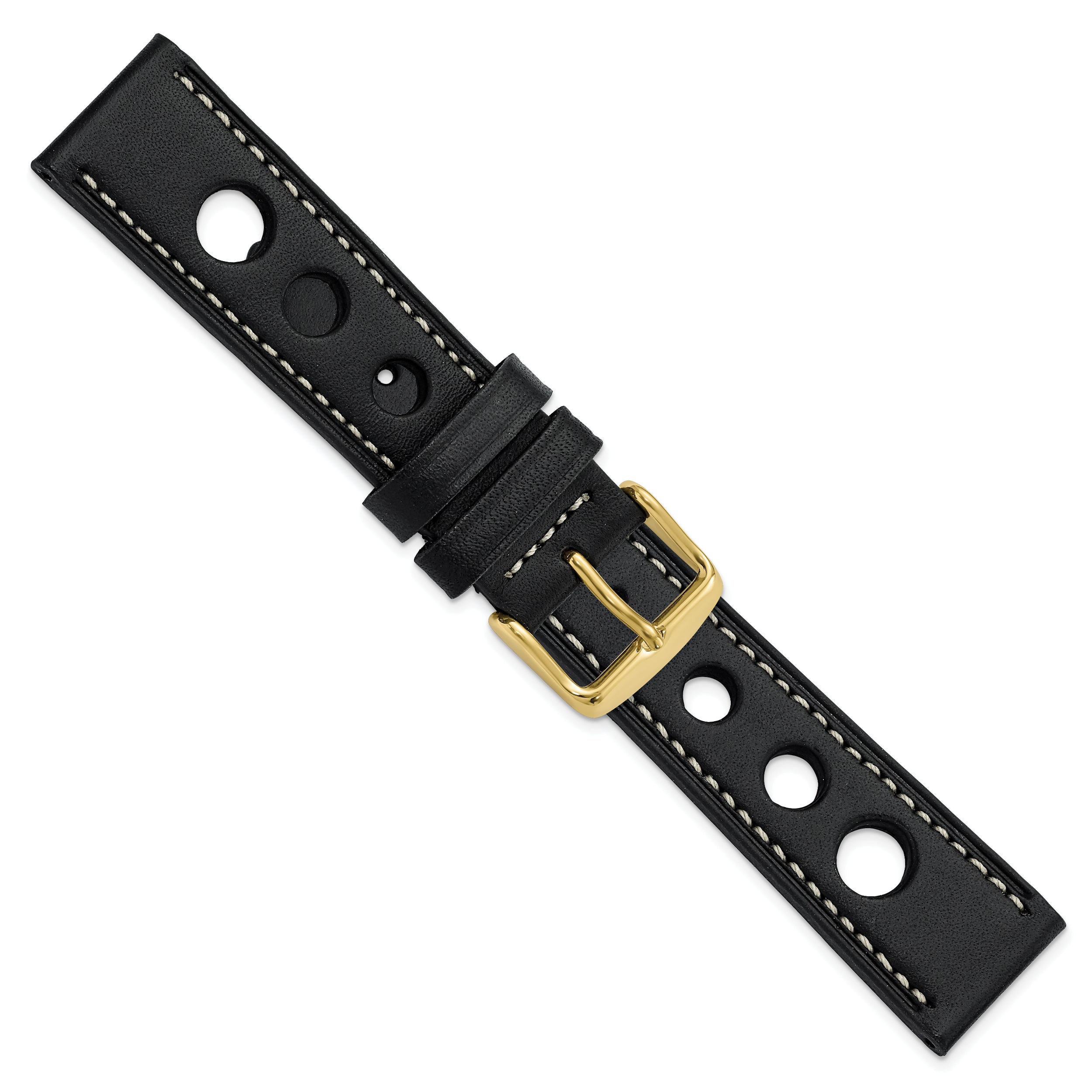 20mm Black Grand Prix Leather with White Stitching and Gold-tone Buckle 7.5 inch Watch Band