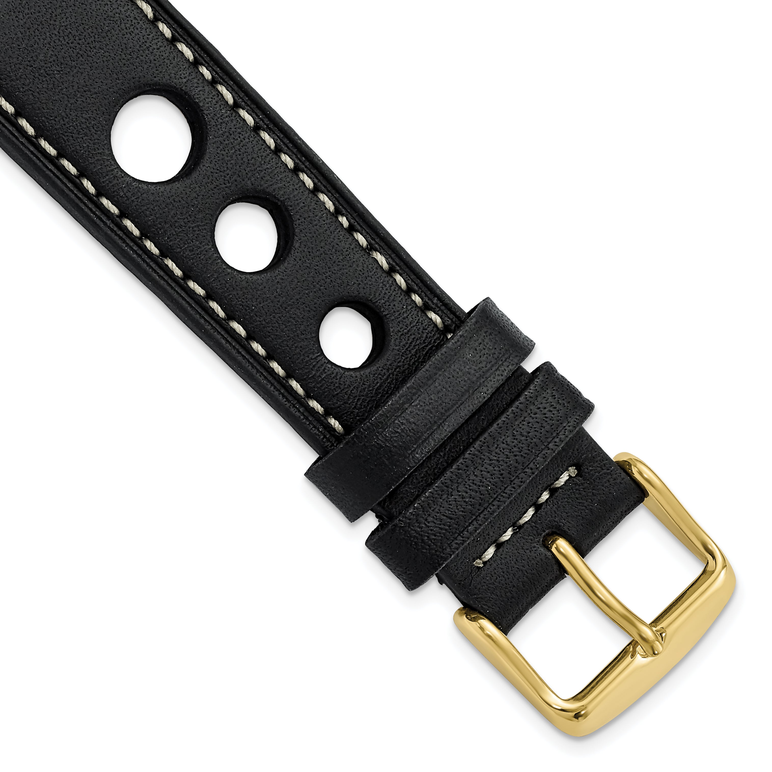 20mm Black Grand Prix Leather with White Stitching and Gold-tone Buckle 7.5 inch Watch Band