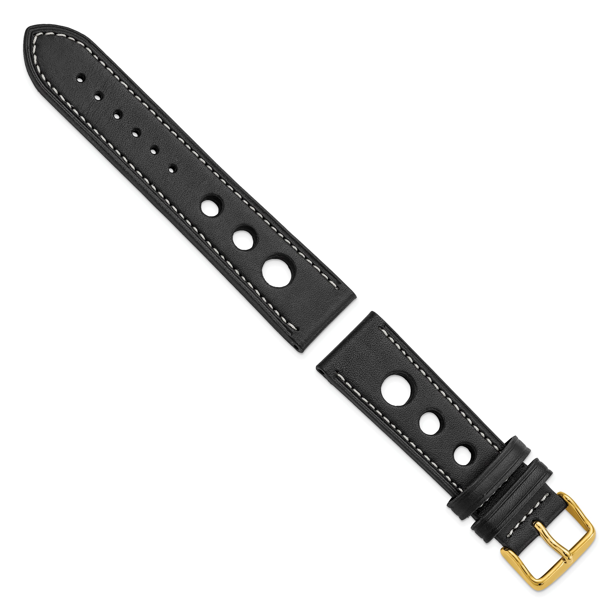 22mm Black Grand Prix Leather with White Stitching and Gold-tone Buckle 7.5 inch Watch Band