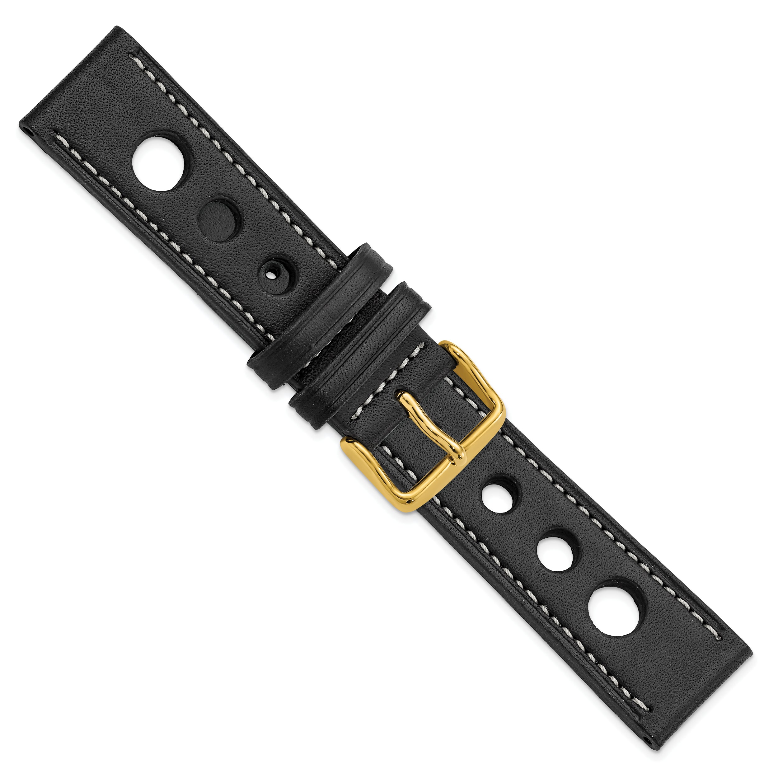 22mm Black Grand Prix Leather with White Stitching and Gold-tone Buckle 7.5 inch Watch Band