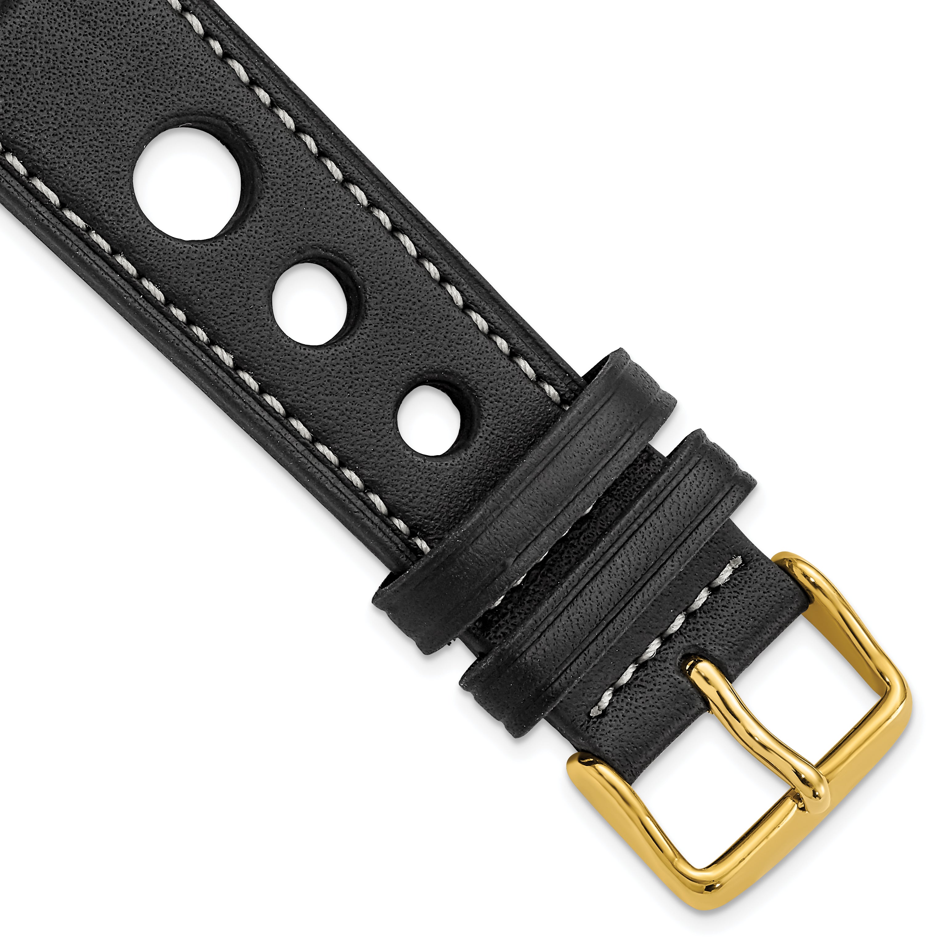 22mm Black Grand Prix Leather with White Stitching and Gold-tone Buckle 7.5 inch Watch Band
