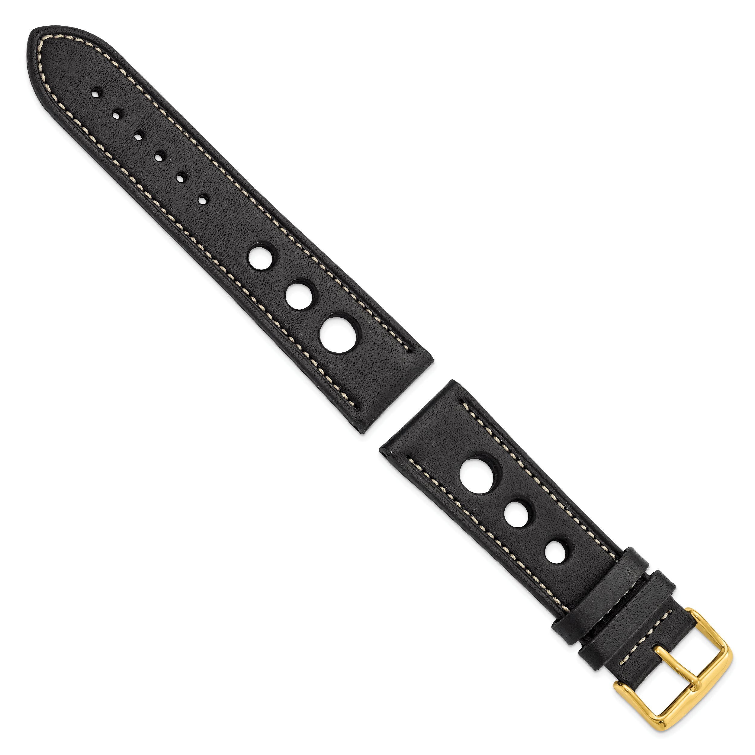 24mm Black Grand Prix Leather with White Stitching and Gold-tone Buckle 7.5 inch Watch Band
