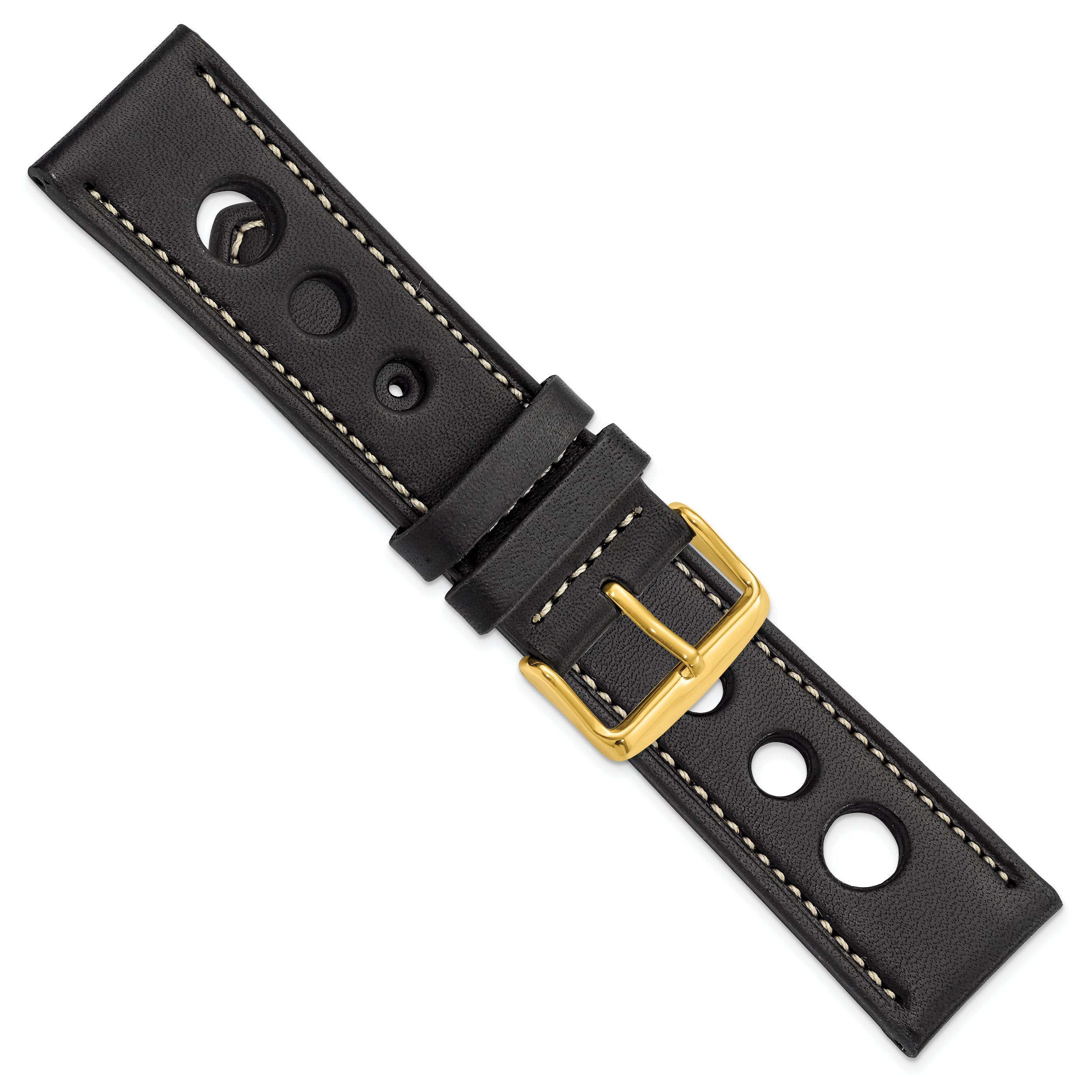 24mm Black Grand Prix Leather with White Stitching and Gold-tone Buckle 7.5 inch Watch Band