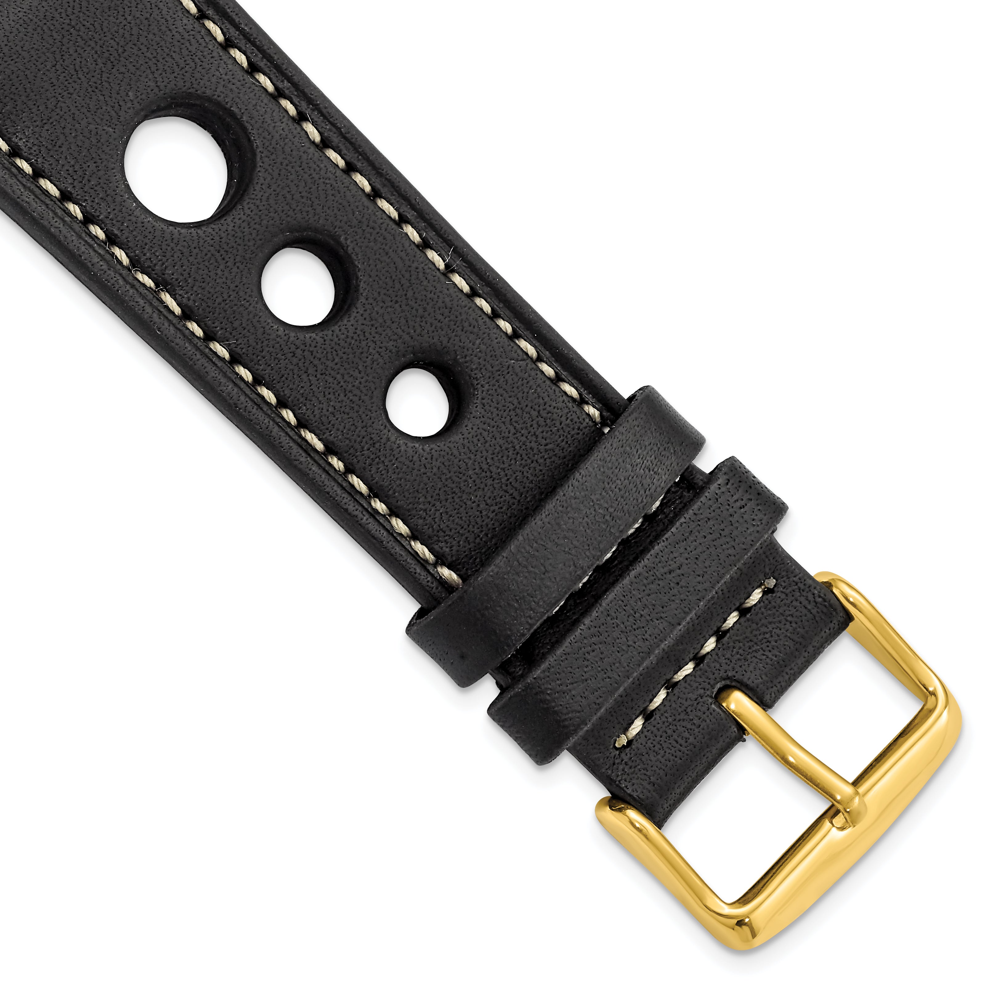 24mm Black Grand Prix Leather with White Stitching and Gold-tone Buckle 7.5 inch Watch Band