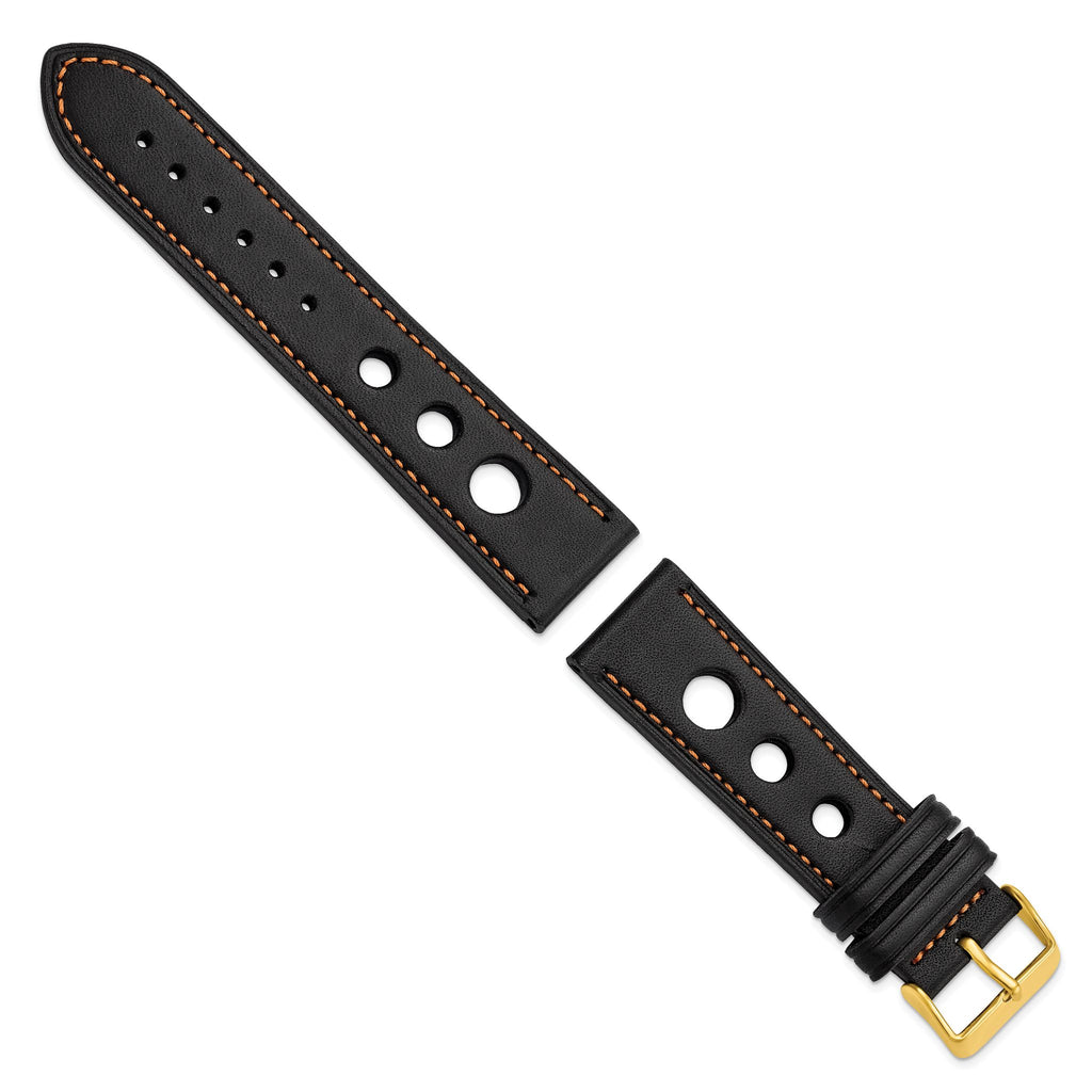 DeBeer 22mm Black Grand Prix Leather with Orange Stitching and Gold-tone Buckle 7.5 inch Watch Band