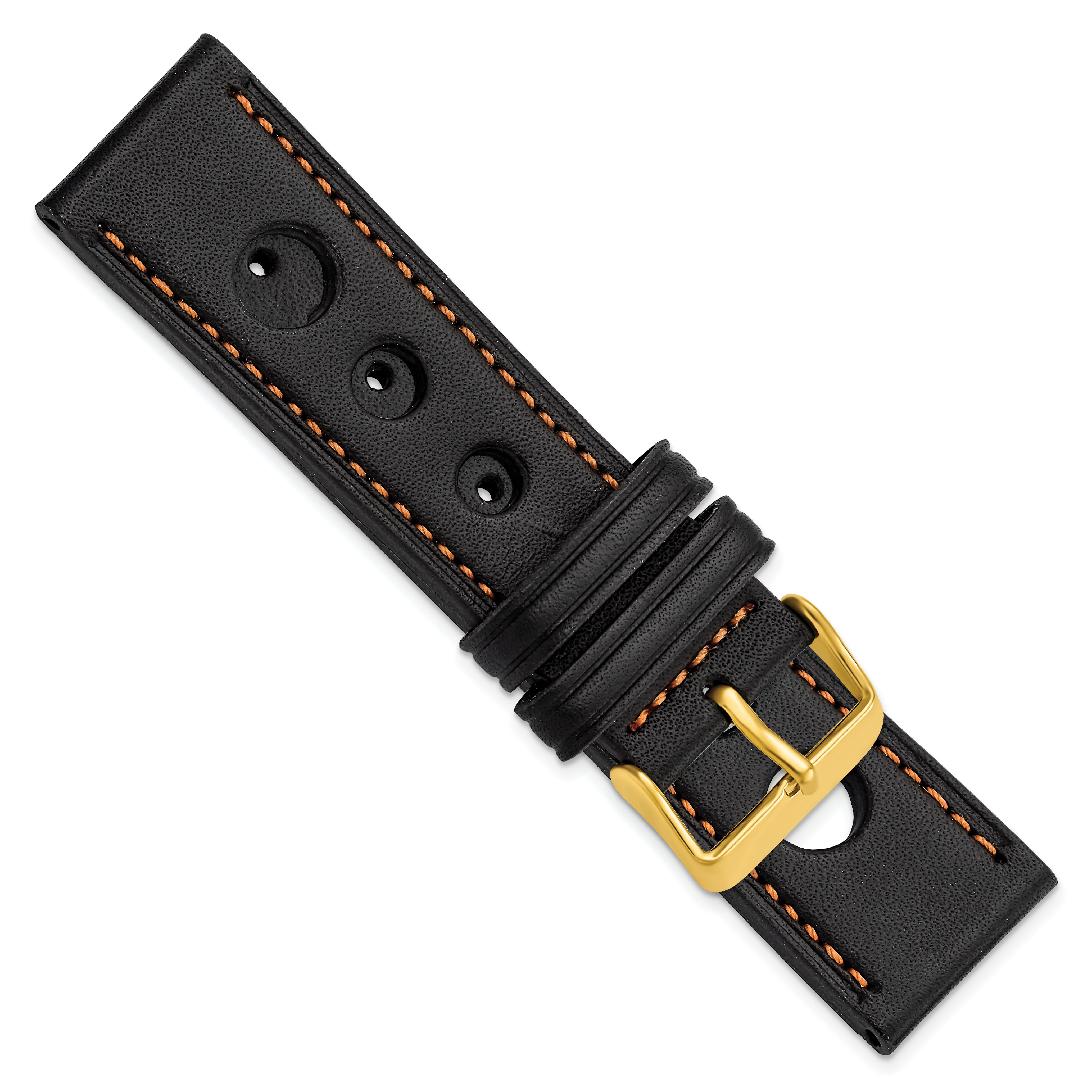 22mm Black Grand Prix Leather with Orange Stitching and Gold-tone Buckle 7.5 inch Watch Band