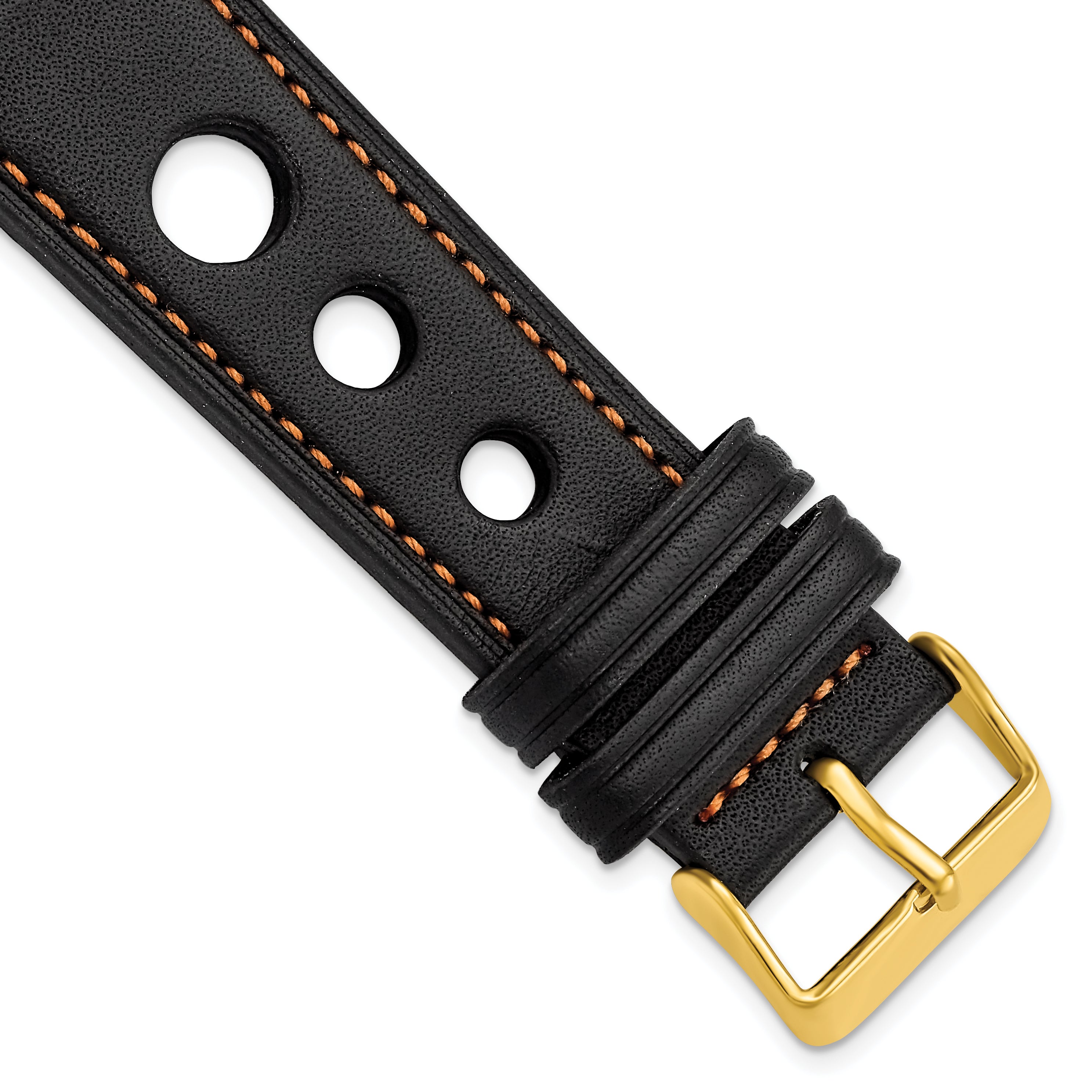 22mm Black Grand Prix Leather with Orange Stitching and Gold-tone Buckle 7.5 inch Watch Band