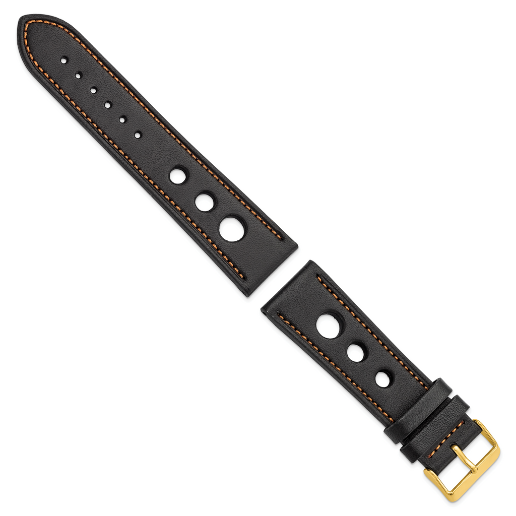 DeBeer 24mm Black Grand Prix Leather with Orange Stitching and Gold-tone Buckle 7.5 inch Watch Band