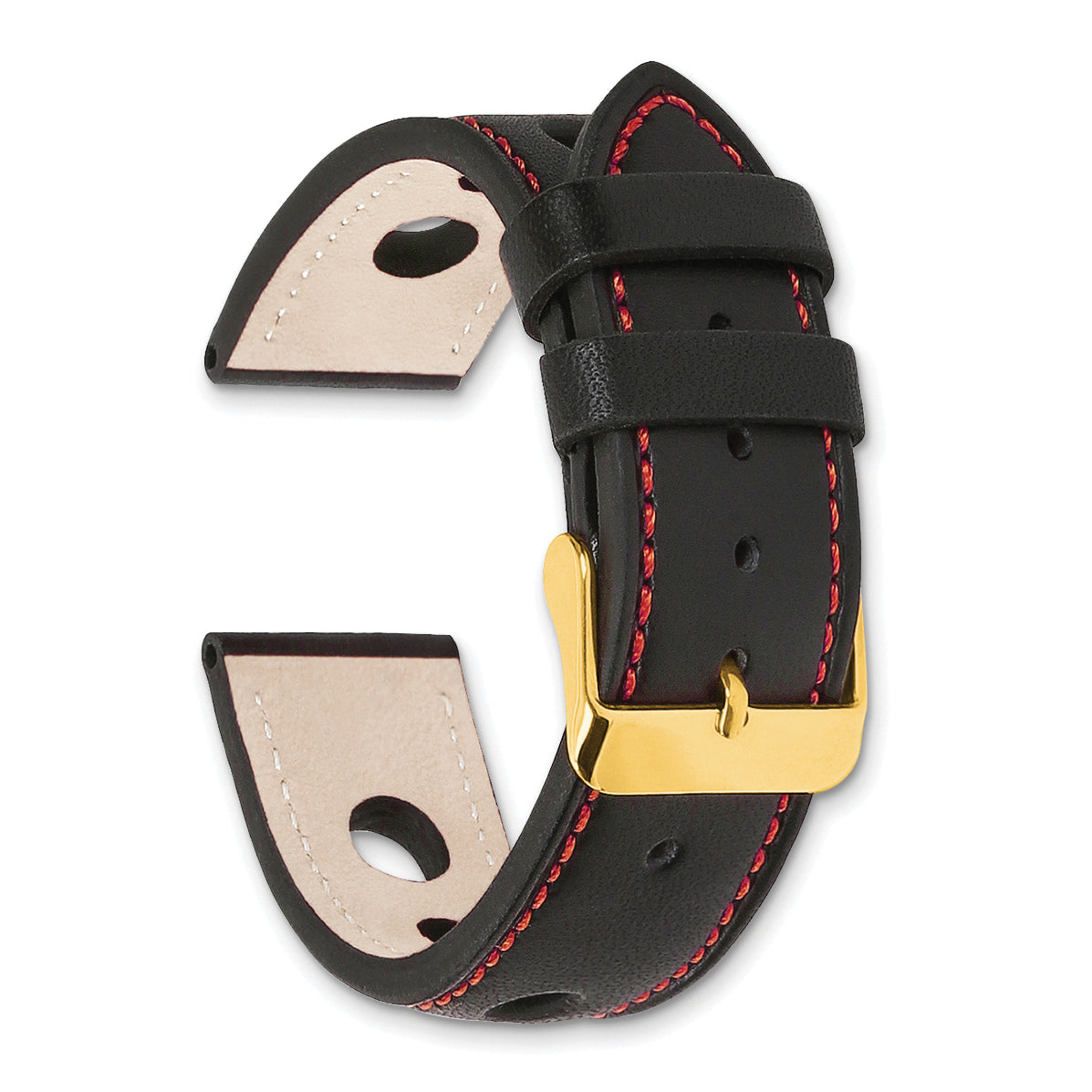18mm Black Grand Prix Leather with Red Stitching and Gold-tone Buckle 7.5 inch Watch Band
