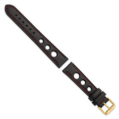 18mm Black Grand Prix Leather with Red Stitching and Gold-tone Buckle 7.5 inch Watch Band