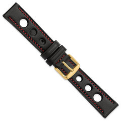 18mm Black Grand Prix Leather with Red Stitching and Gold-tone Buckle 7.5 inch Watch Band