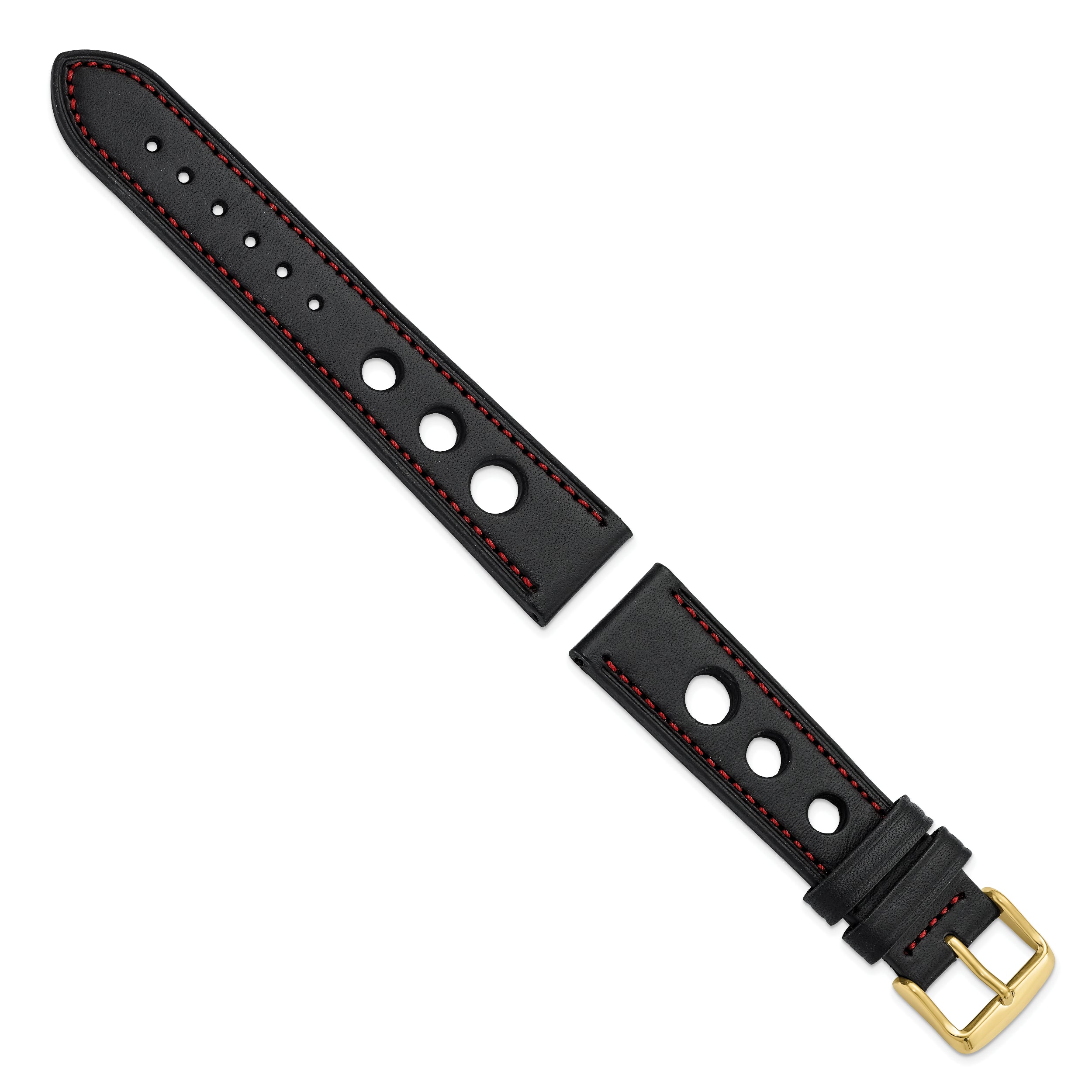 20mm Black Grand Prix Leather with Red Stitching and Gold-tone Buckle 7.5 inch Watch Band