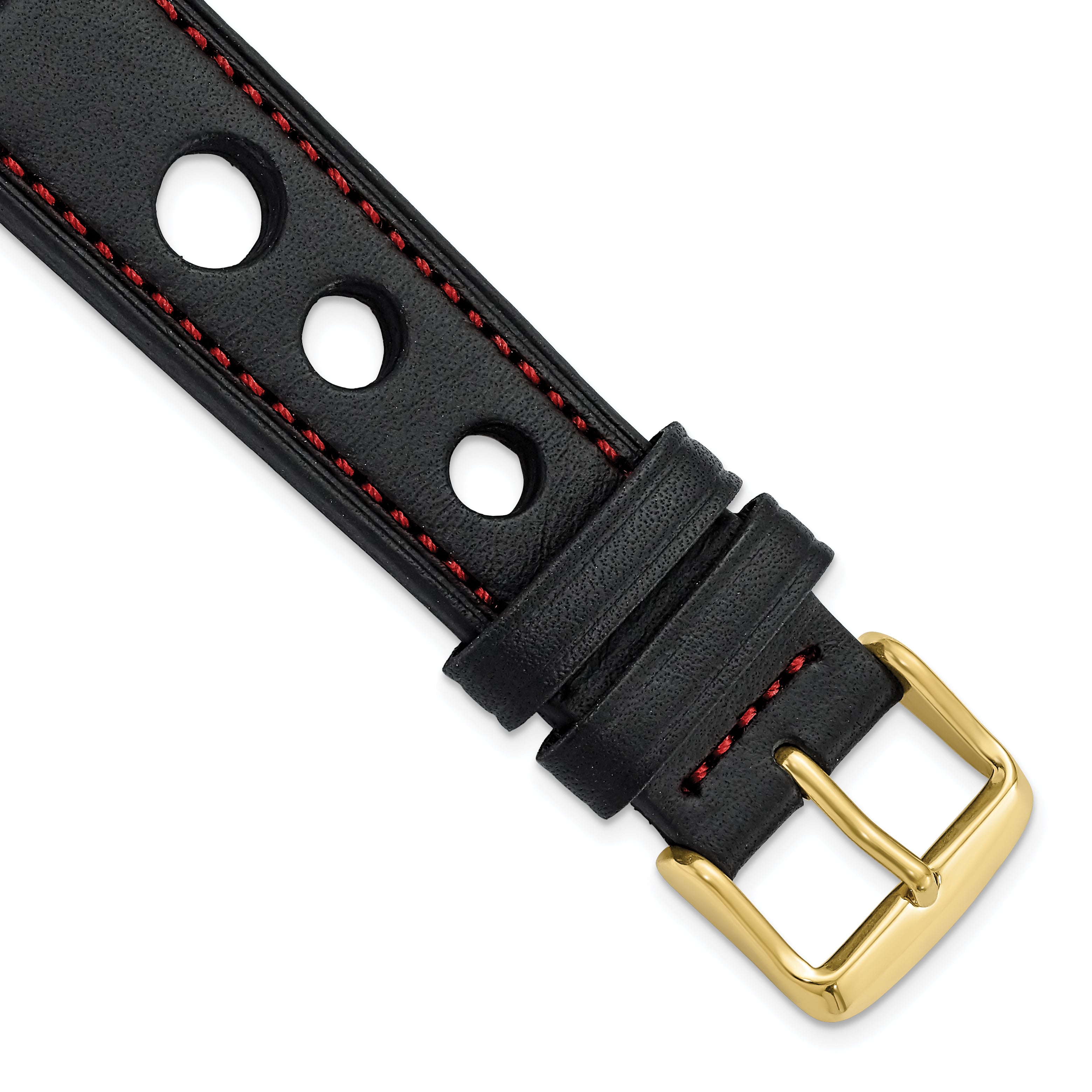 20mm Black Grand Prix Leather with Red Stitching and Gold-tone Buckle 7.5 inch Watch Band