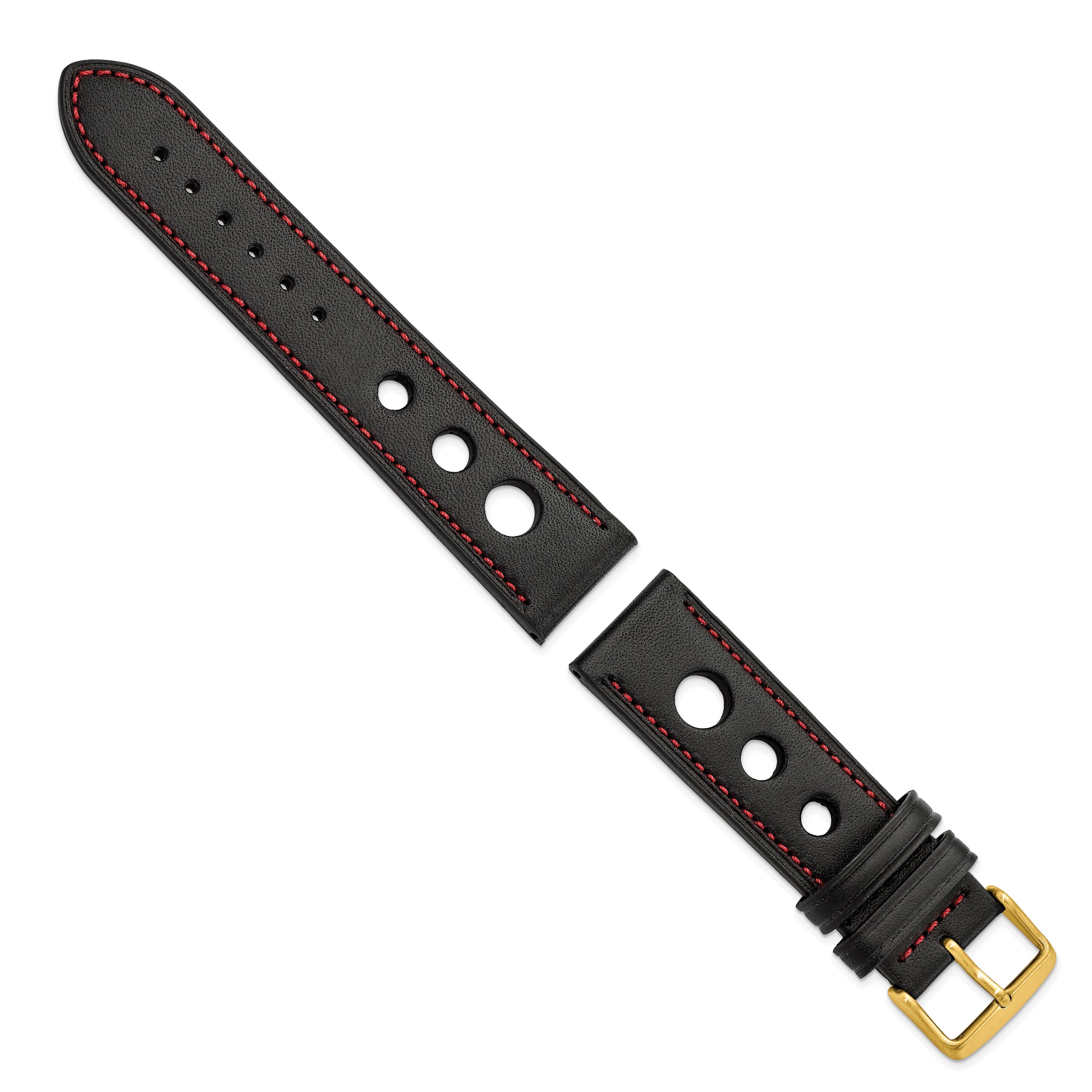 22mm Black Grand Prix Leather with Red Stitching and Gold-tone Buckle 7.5 inch Watch Band