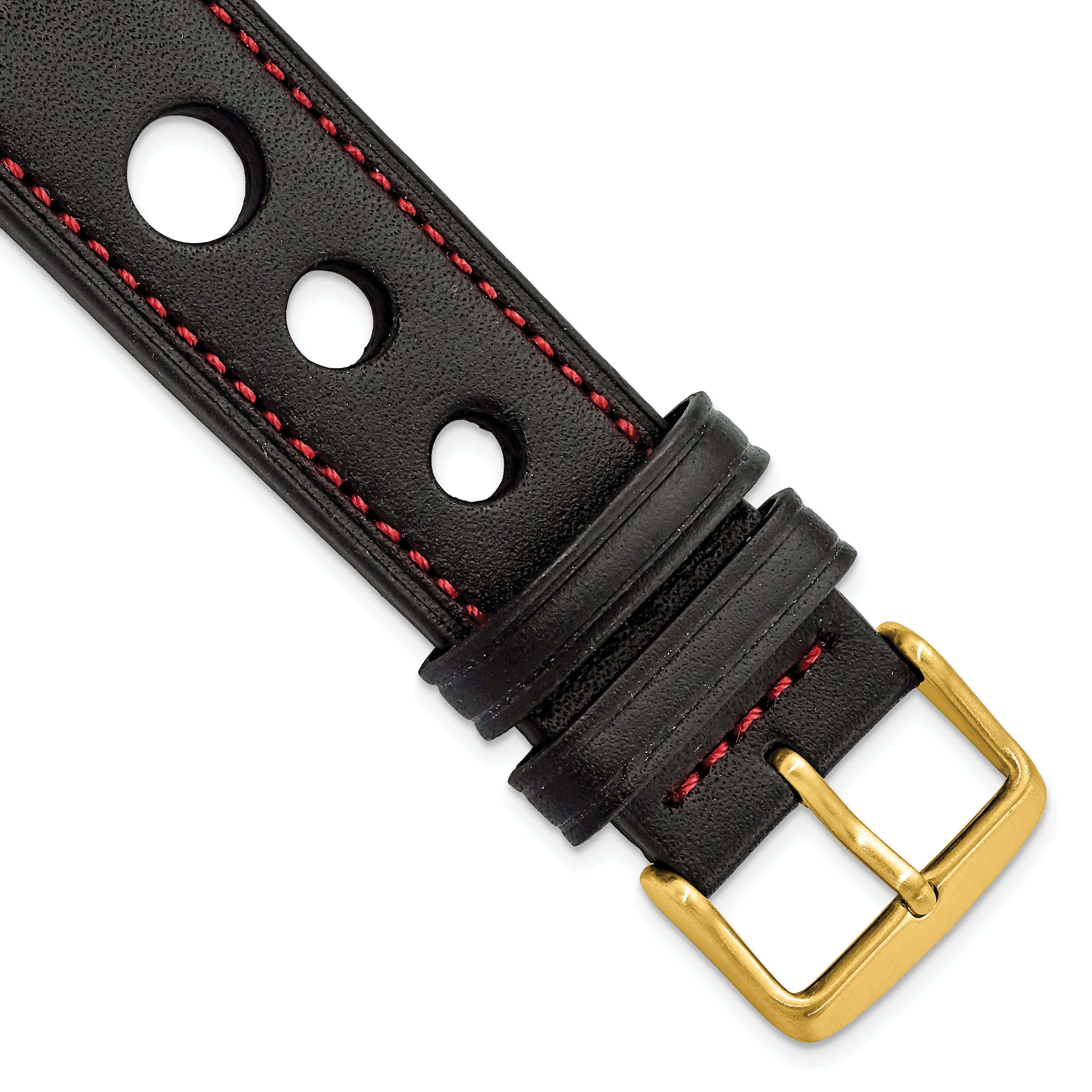 22mm Black Grand Prix Leather with Red Stitching and Gold-tone Buckle 7.5 inch Watch Band