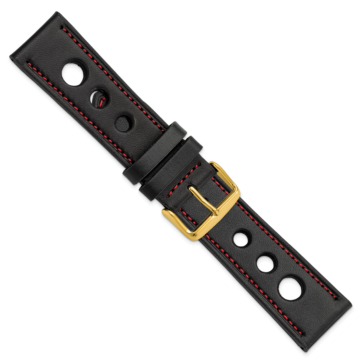 DeBeer 24mm Black Grand Prix Leather with Red Stitching and Gold-tone Buckle 7.5 inch Watch Band