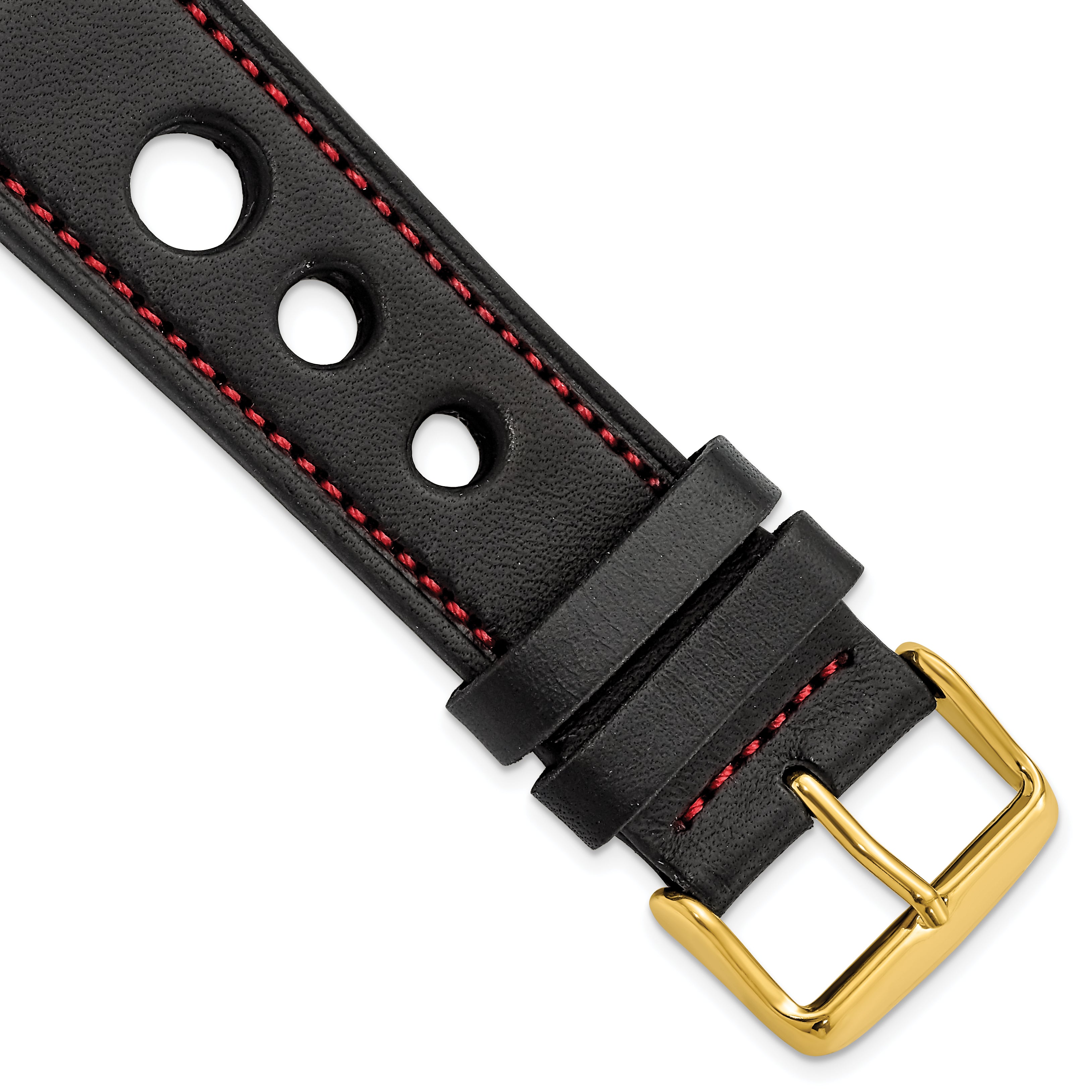 24mm Black Grand Prix Leather with Red Stitching and Gold-tone Buckle 7.5 inch Watch Band