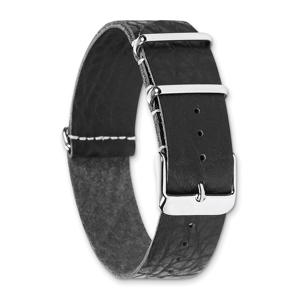 18mm Black Military Style Distressed Leather 1-Piece with Silver-tone Buckle 11 inch Watch Band