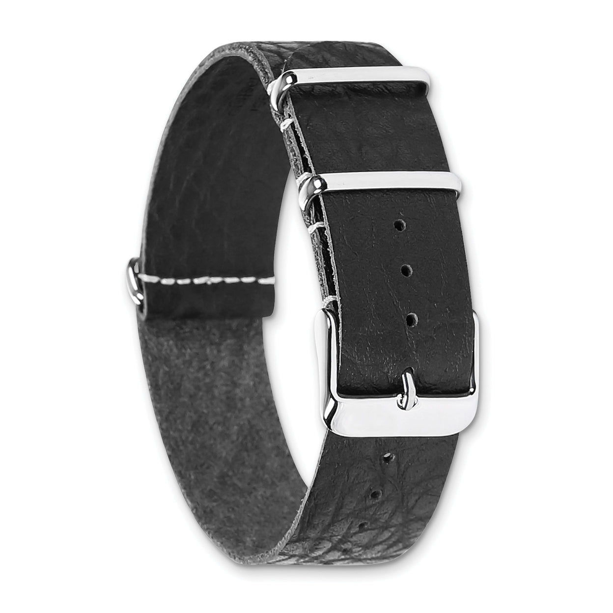 18mm Black Military Style Distressed Leather 1-Piece with Silver-tone Buckle 11 inch Watch Band