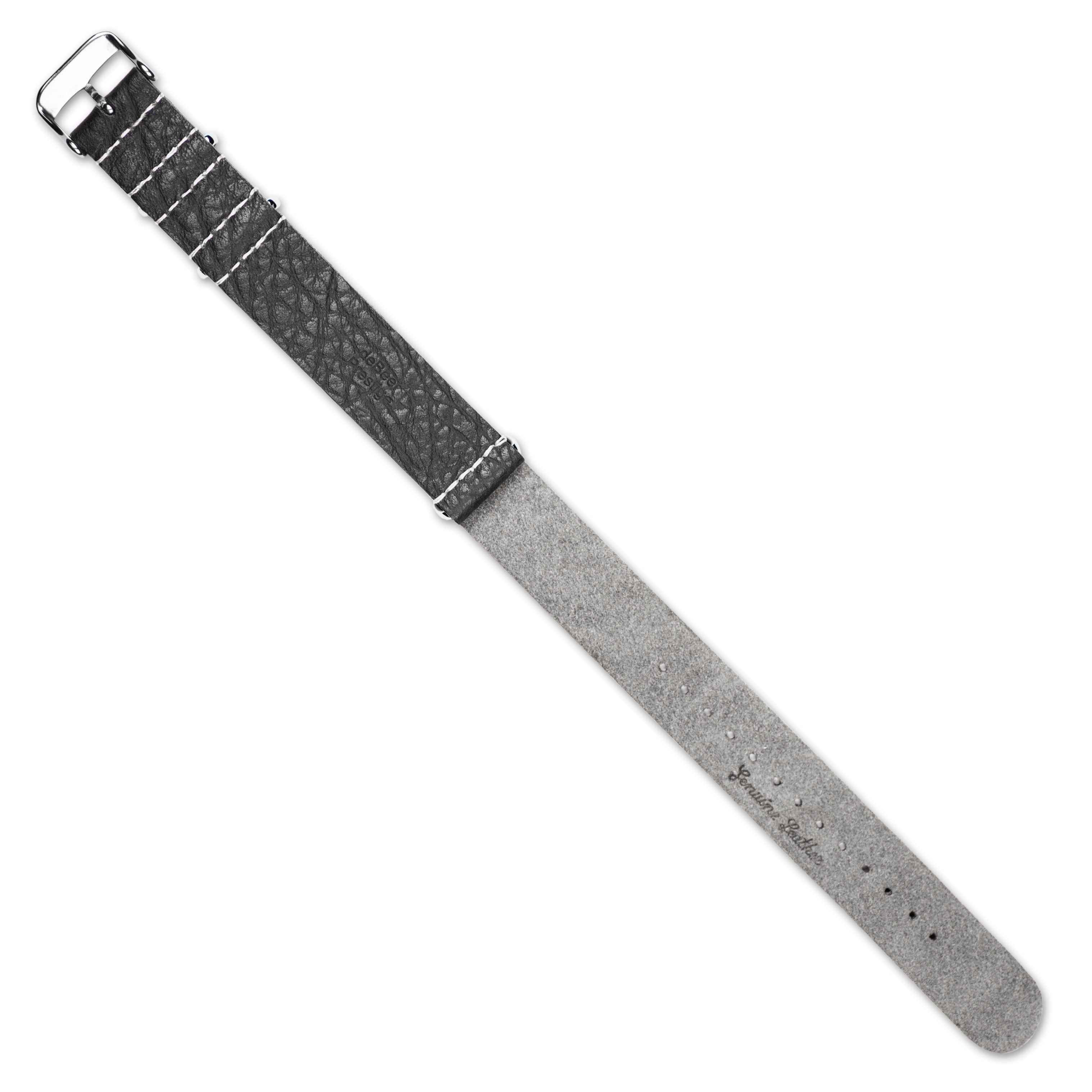18mm Black Military Style Distressed Leather 1-Piece with Silver-tone Buckle 11 inch Watch Band
