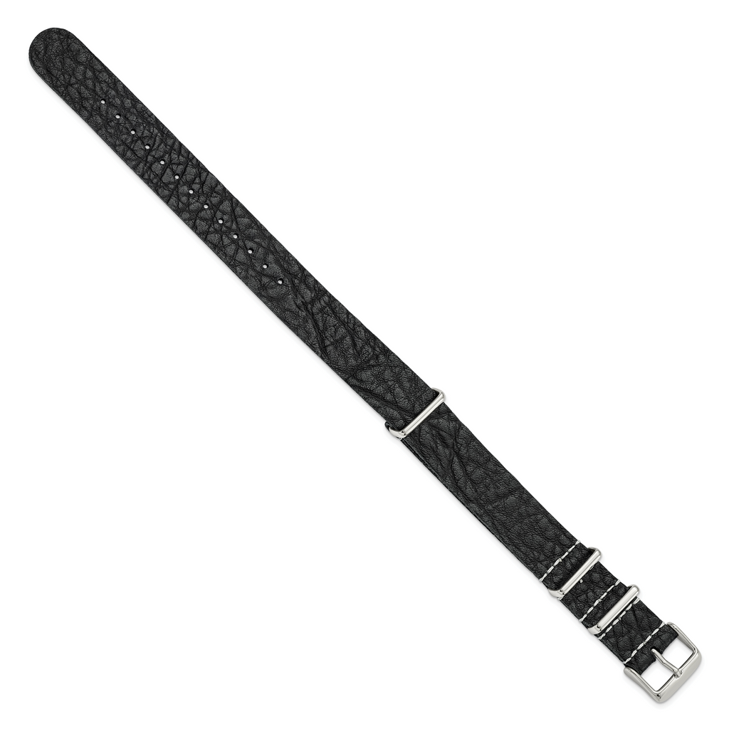 18mm Black Military Style Distressed Leather 1-Piece with Silver-tone Buckle 11 inch Watch Band