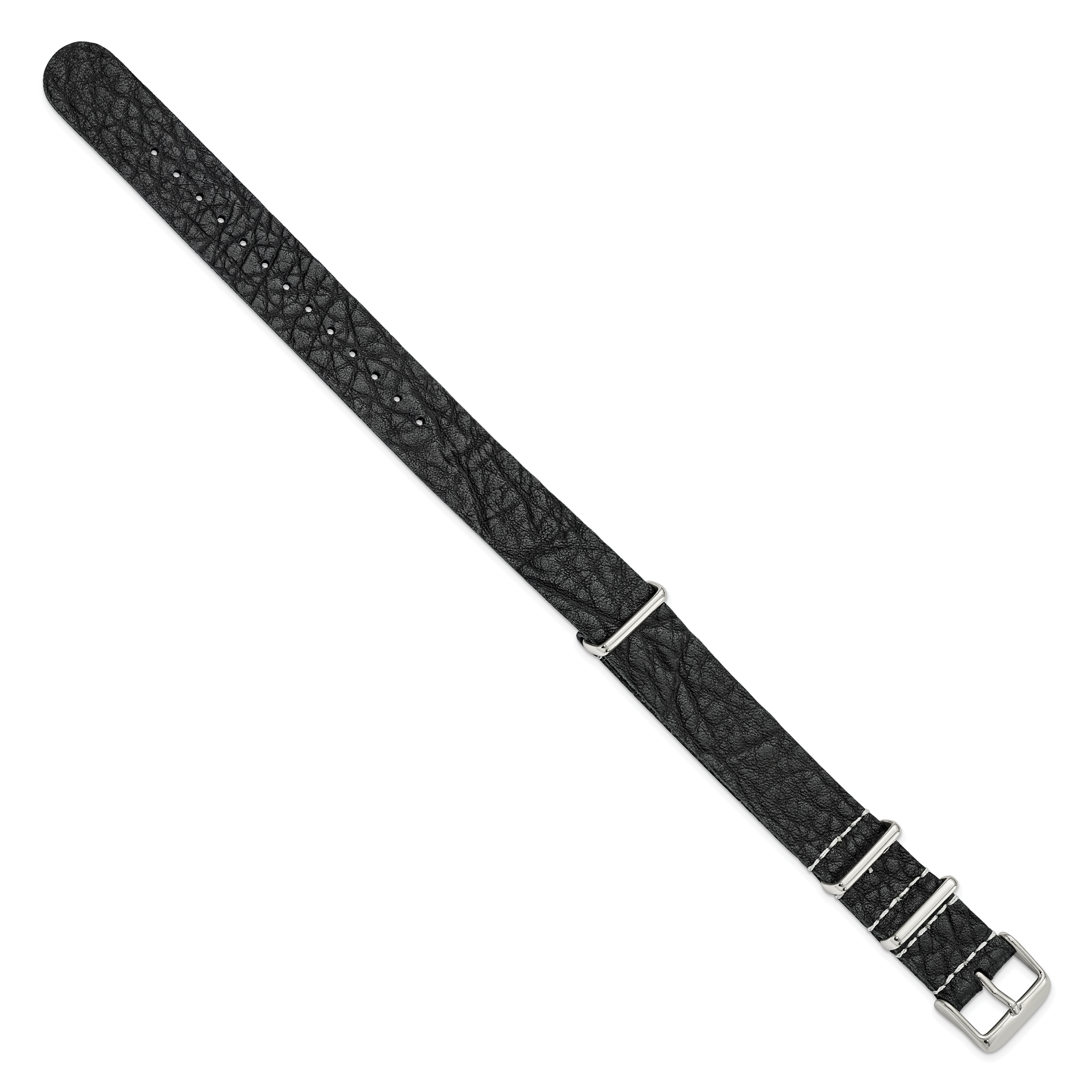 18mm Black Military Style Distressed Leather 1-Piece with Silver-tone Buckle 11 inch Watch Band