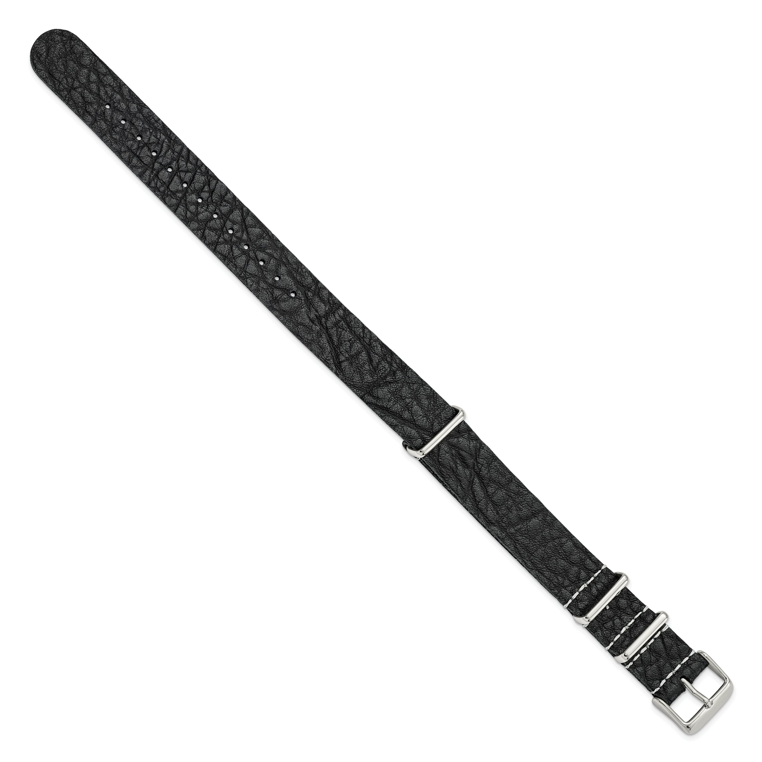 22mm Black Distressed Leather Military Style 1-Piece with Silver-tone Buckle 11 inch Watch Band