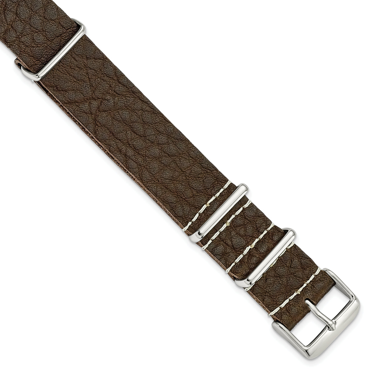 18mm Brown Distressed Leather Military Style 1-Piece with Silver-tone Buckle 11 inch Watch Band