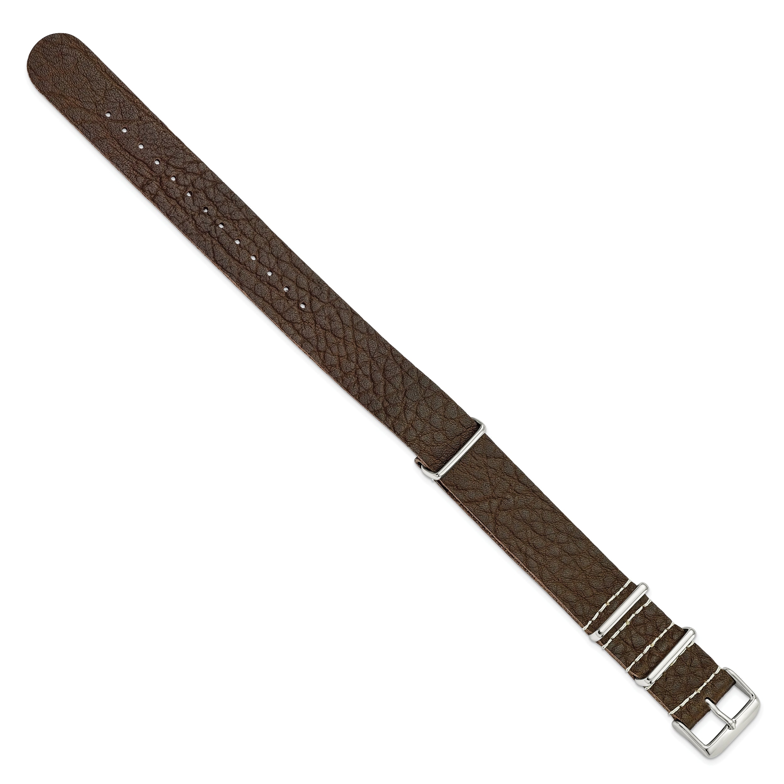 20mm Brown Distressed Leather Military Style 1-Piece with Silver-tone Buckle 11 inch Watch Band