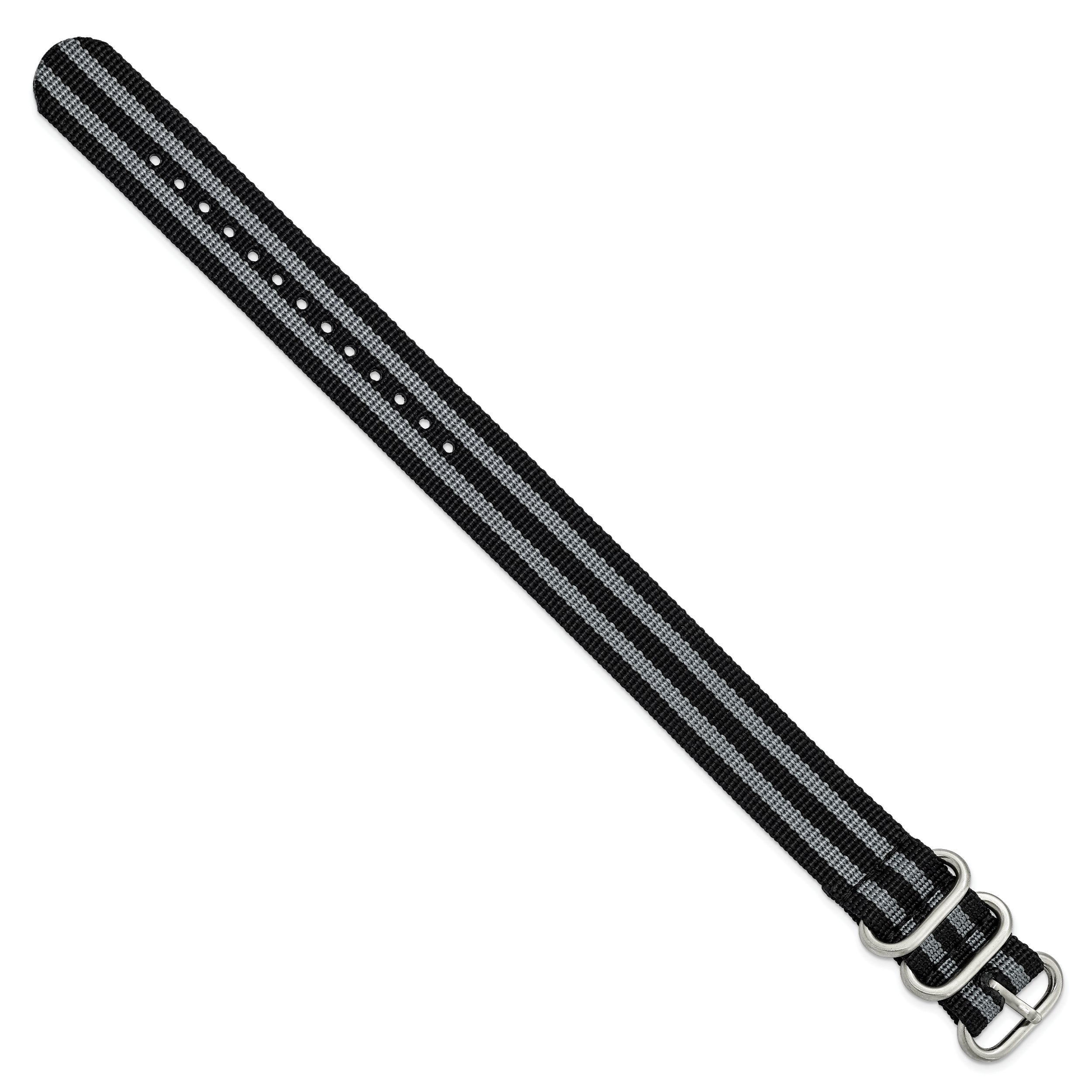 20mm One-Piece Black and Grey Striped Military Ballistic G10 Nylon with Brushed Stainless Steel Buckle 10.75 inch Watch Band