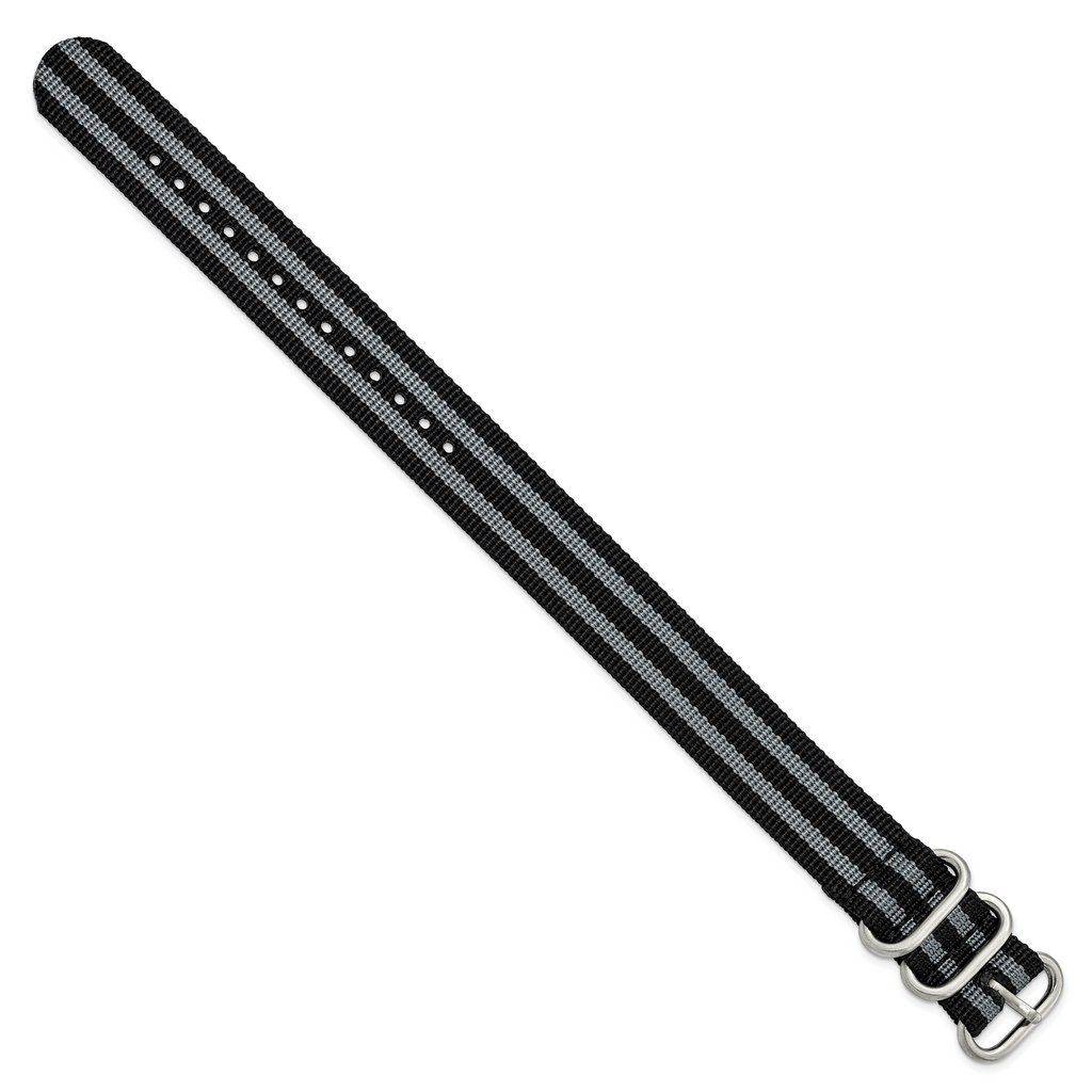 20mm One-Piece Black and Grey Striped Military Ballistic G10 Nylon with Brushed Stainless Steel Buckle 10.75 inch Watch Band