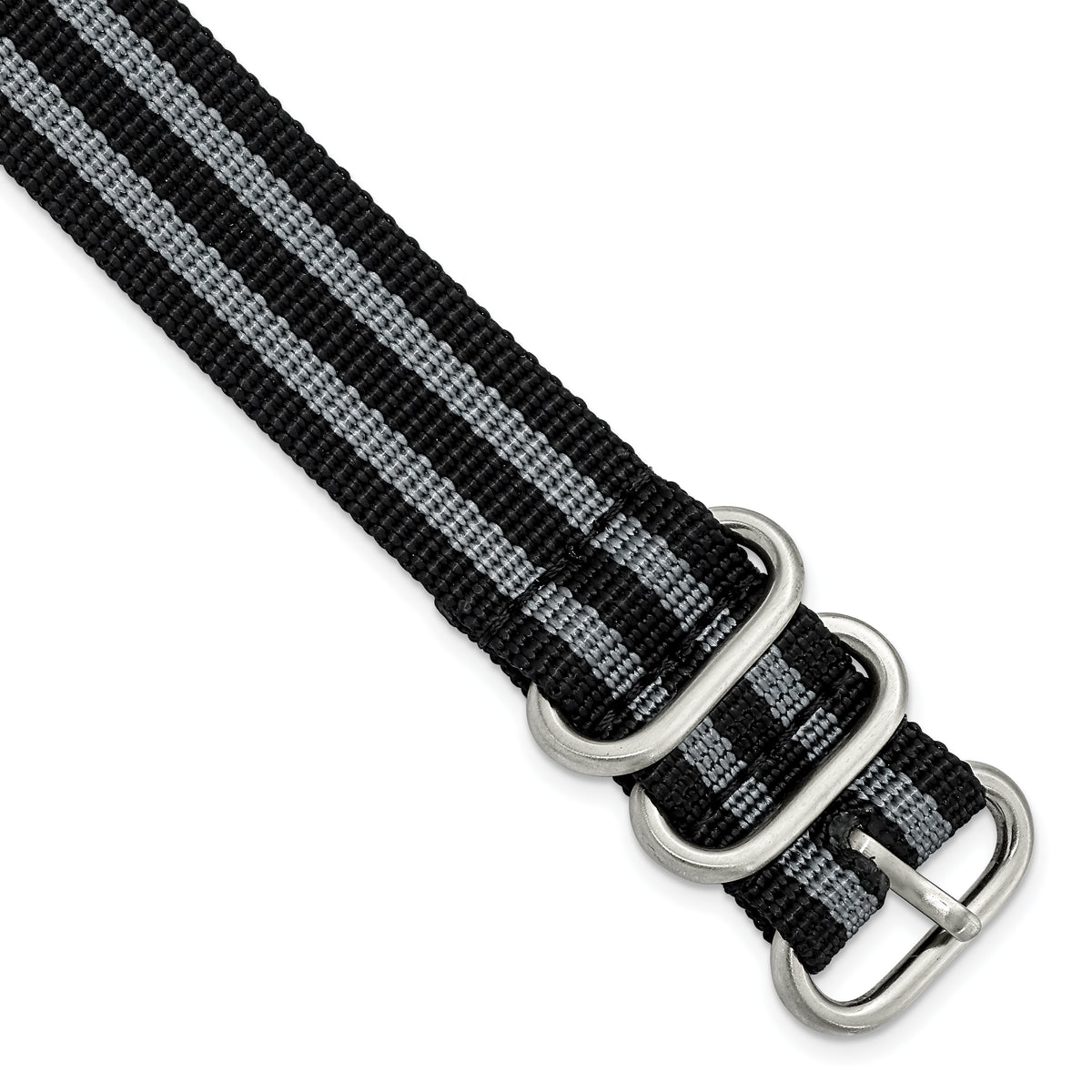 20mm One-Piece Black and Grey Striped Military Ballistic G10 Nylon with Brushed Stainless Steel Buckle 10.75 inch Watch Band