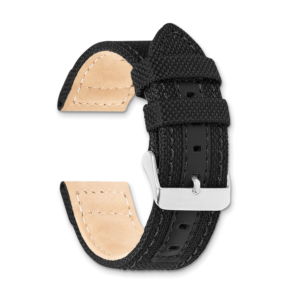 18mm Black Nylon Canvas with Leather Trim and Silver-tone Panerai Style Buckle 7.75 inch Watch Band - Sophia Jewelers
