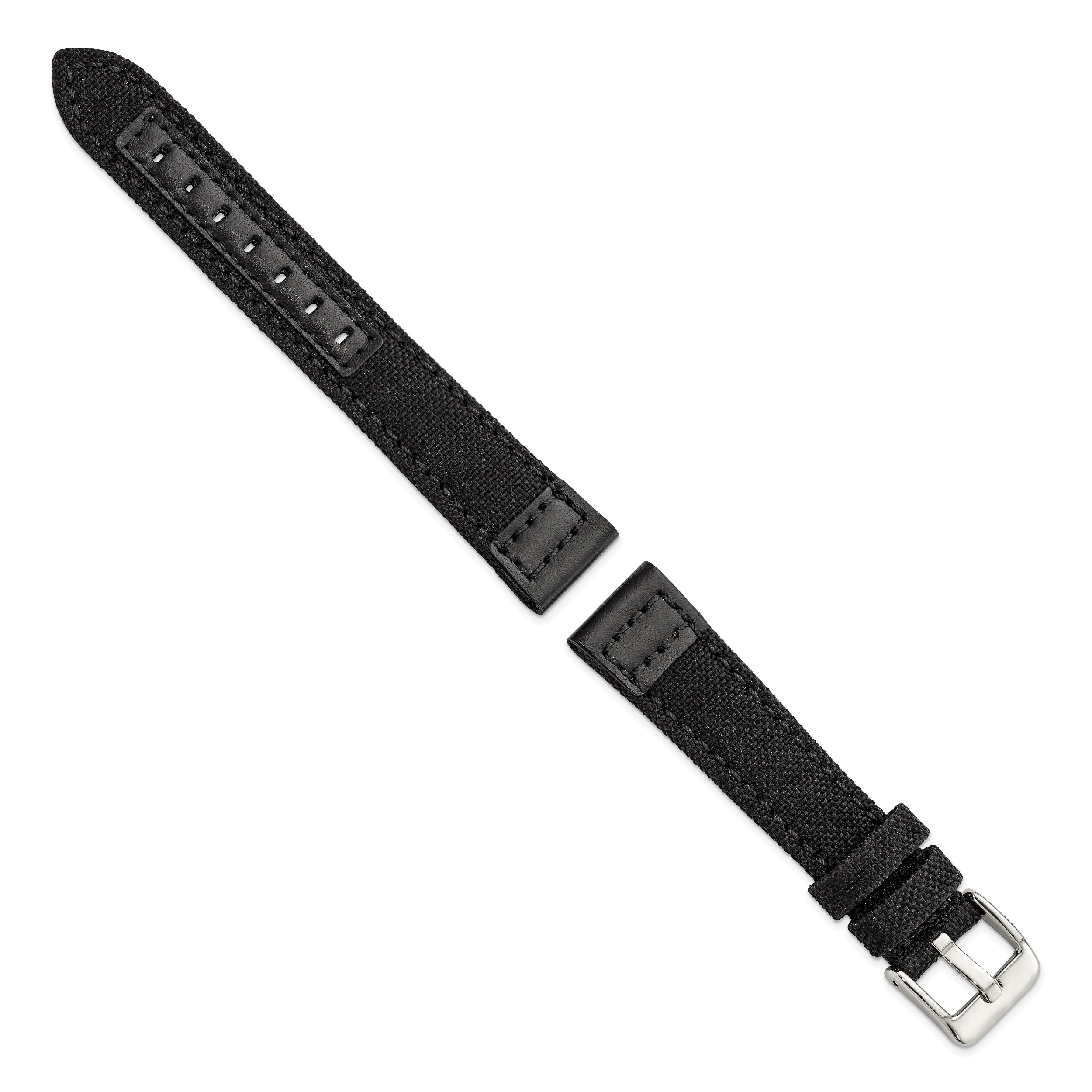 18mm Black Nylon Canvas with Leather Trim and Silver-tone Panerai Style Buckle 7.75 inch Watch Band