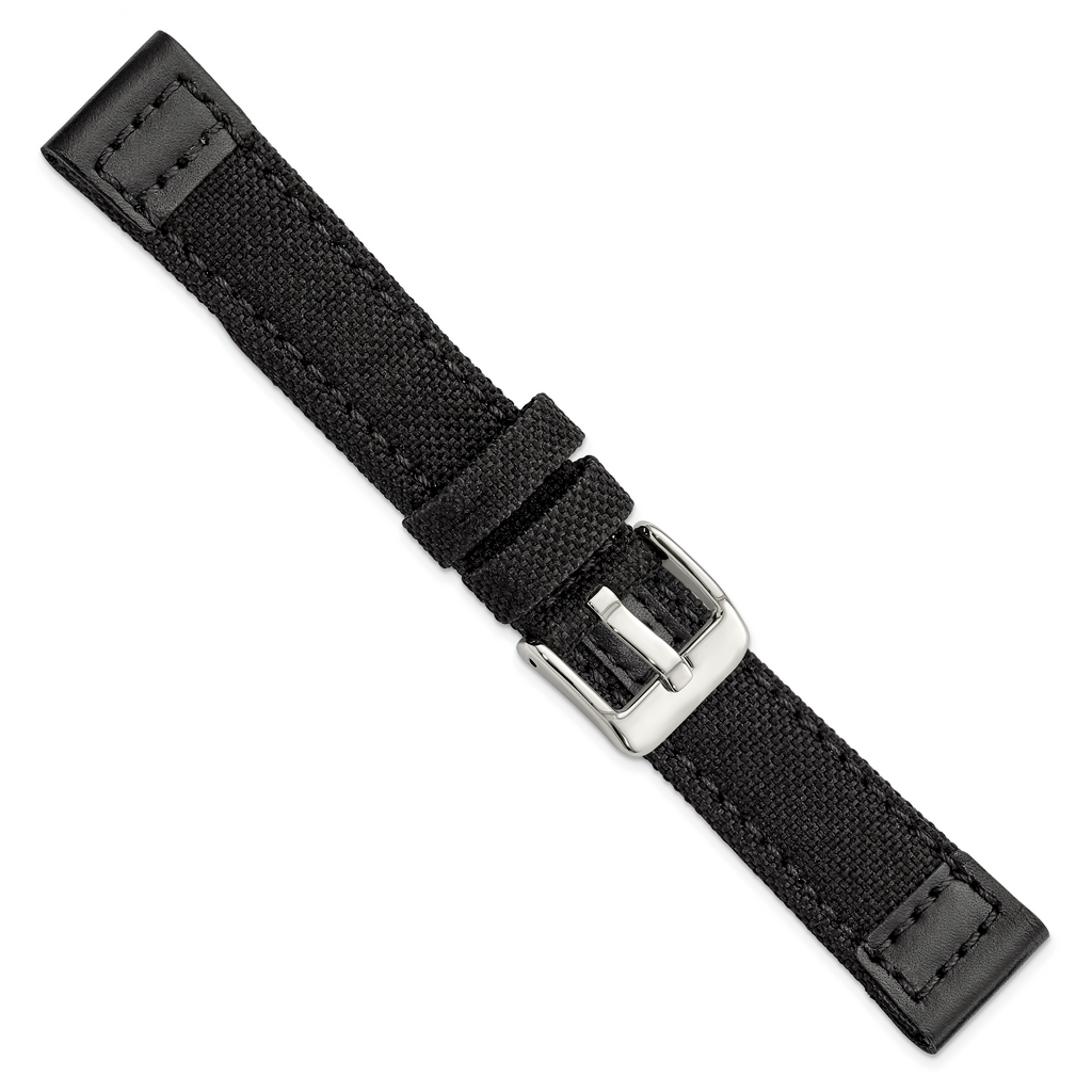 18mm Black Nylon Canvas with Leather Trim and Silver-tone Panerai Style Buckle 7.75 inch Watch Band - Sophia Jewelers