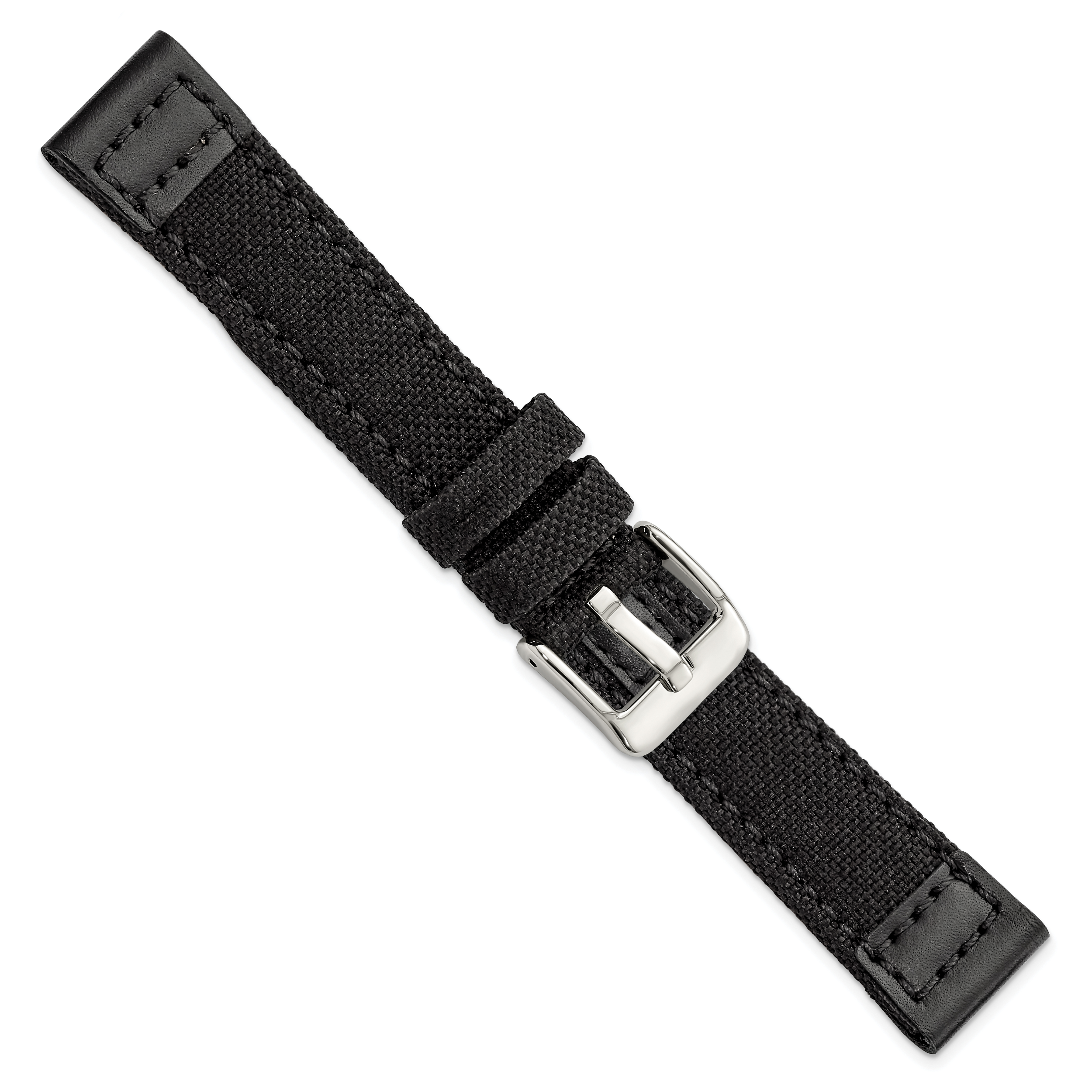 18mm Black Nylon Canvas with Leather Trim and Silver-tone Panerai Style Buckle 7.75 inch Watch Band - Sophia Jewelers