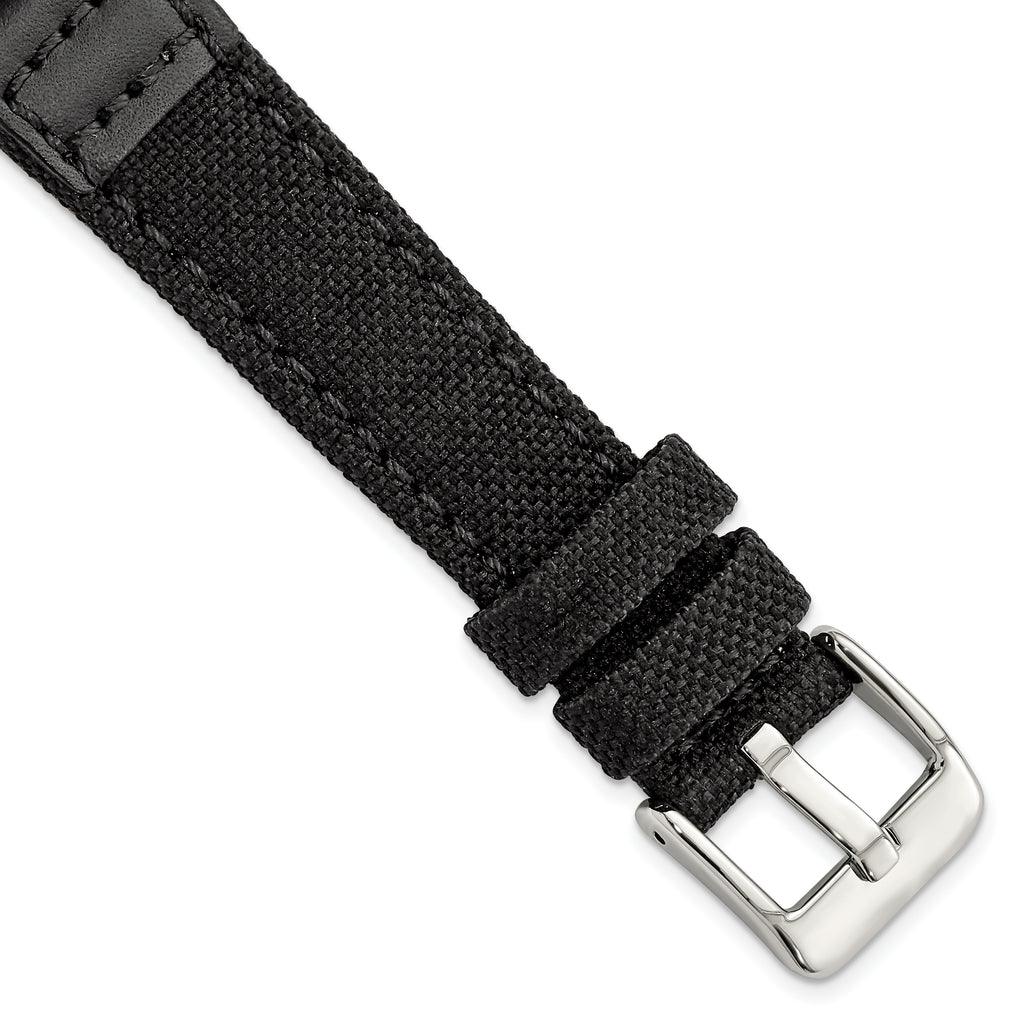 18mm Black Nylon Canvas with Leather Trim and Silver-tone Panerai Style Buckle 7.75 inch Watch Band - Sophia Jewelers