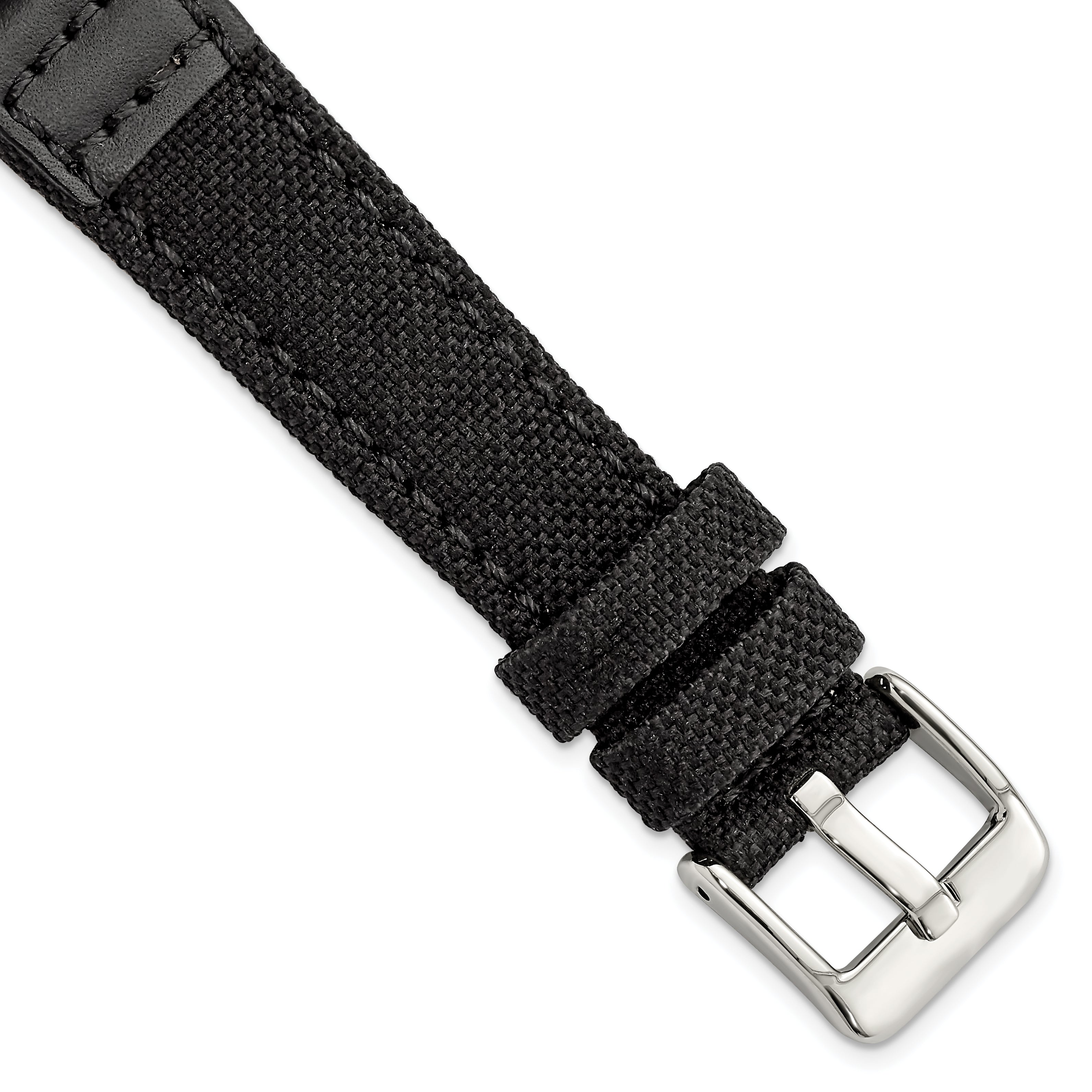 18mm Black Nylon Canvas with Leather Trim and Silver-tone Panerai Style Buckle 7.75 inch Watch Band - Sophia Jewelers
