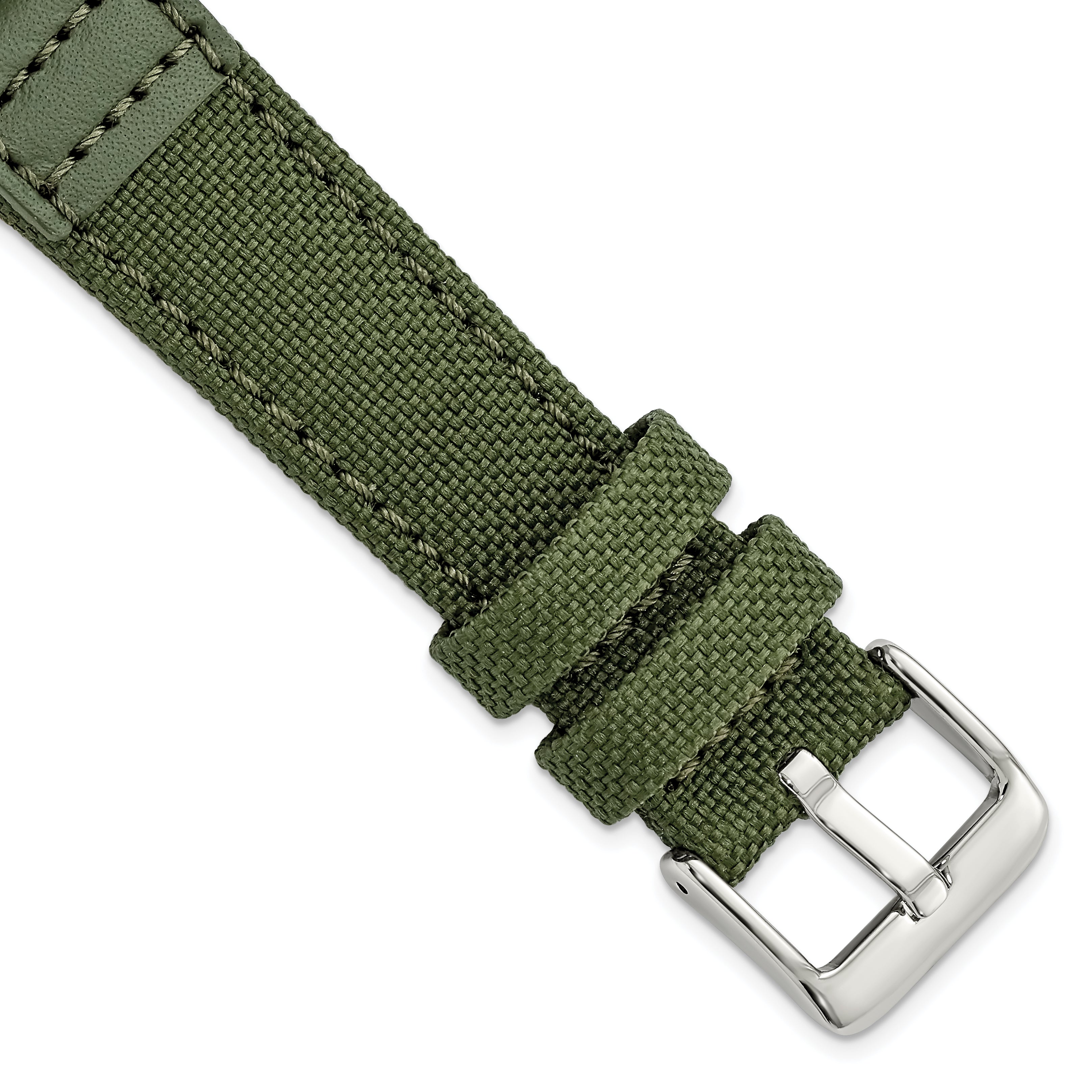 18mm Olive Nylon Canvas with Leather Trim and Silver-tone Panerai Style Buckle 7.75 inch Watch Band