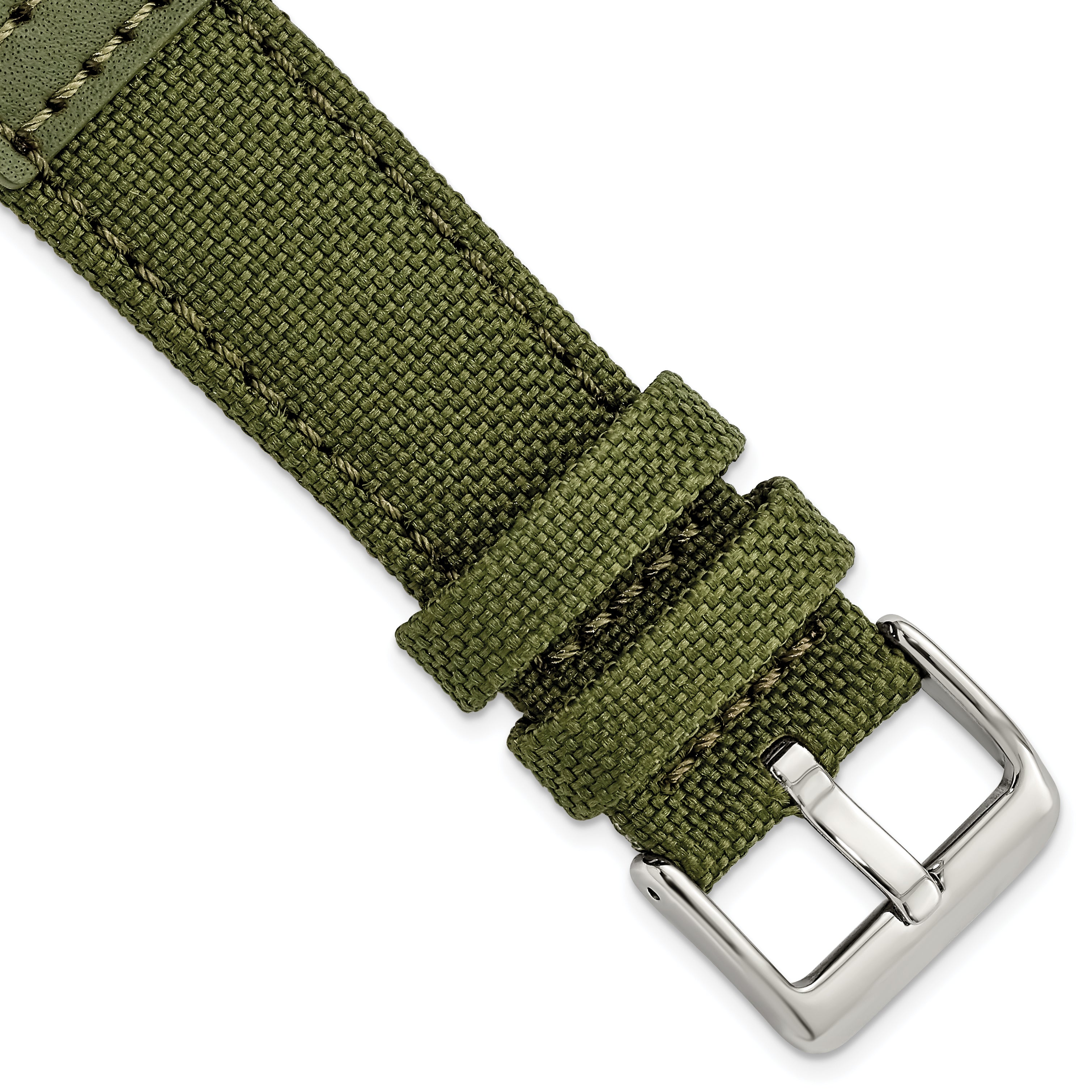 18mm Olive Nylon Canvas with Leather Trim and Silver-tone Panerai Style Buckle 7.75 inch Watch Band