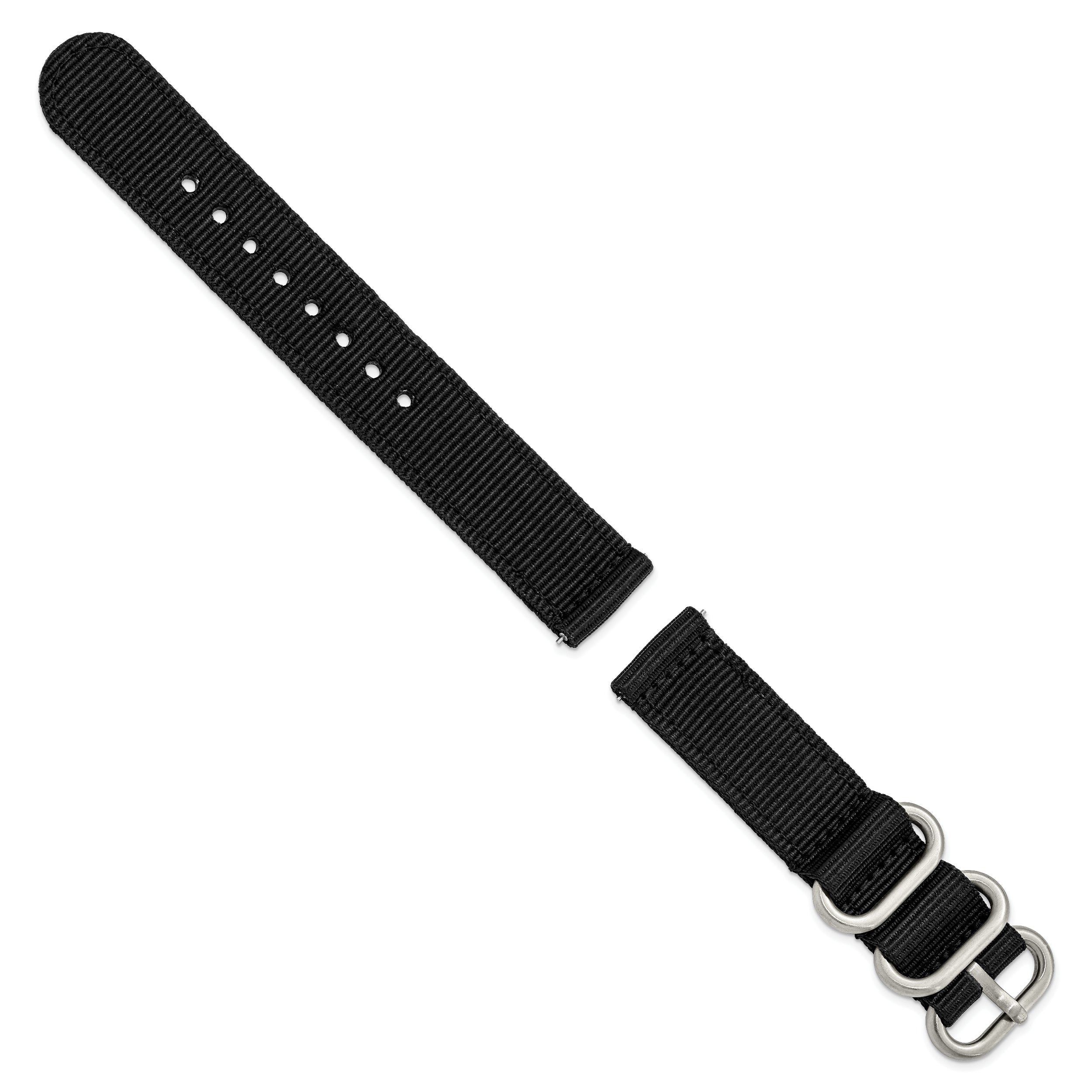 18mm Two-Piece Black Ballistic Nylon with Brushed Stainless Steel Buckle and Quick Release Spring Bars 8.5 inch Watch Band